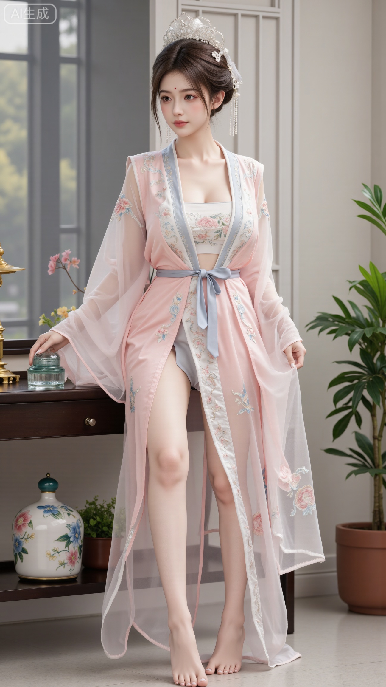  (masterpiece, best quality:1.2),indoors,window,traditional lantern,bare legs,potted plants, long legs,dress,blurry background,motion blur,full body,legs,beautiful detailed eyes,legs,breasts,Detailed eyes,CG rendering,8K resolution,8K quality,Volume light,room,forest,(huge breasts:2.99),(full breasts:2.99),,Xbigbreasts,XbaifengsongyuYH,,Xxiapeisongzhihanfu,Xsongzhihanfuxiapei,Xnangongjin,Xnangongjin2