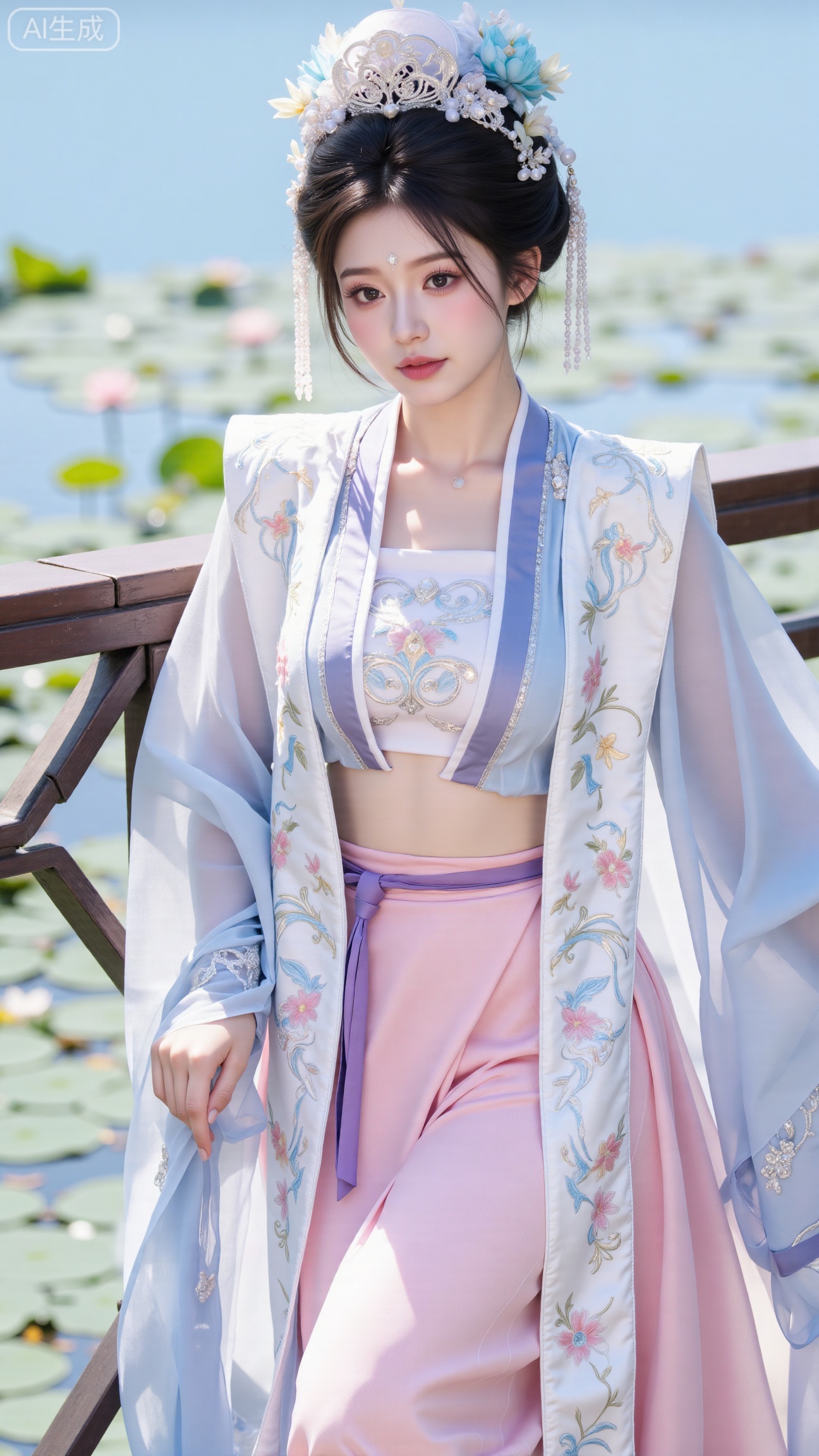 (masterpiece, best quality:1.2),1girl, navel, solo, midriff,  shoulders, hair ornament, flower, hair flower, black hair, red lips,BREAK, (looking at viewer:1.39), Song-style Hanfu clothes,(Holographic pink pleated skirt:1.39), (Holographic purple beizi:1.39),(Holographic green|pink Song Dynasty style tube top:1.29),purple eyes,blurry, solo focus, very long hair, lips, daytime, lipstick, outdoors, (upper body,Long legs:1.29),(Extra large cup,K cup:1.49),, background, 1girl, makeup, hair bun,(Blue sky:1.39),( Garden Lotus Pond,pink lotus,green Lotus Leaf:1.49), (huge breasts, full breasts:2.99),Xbigbreasts,XbaifengsongyuYH,,Xxiapeisongzhihanfu,Xsongzhihanfuxiapei,Xnangongjin,Xnangongjin2