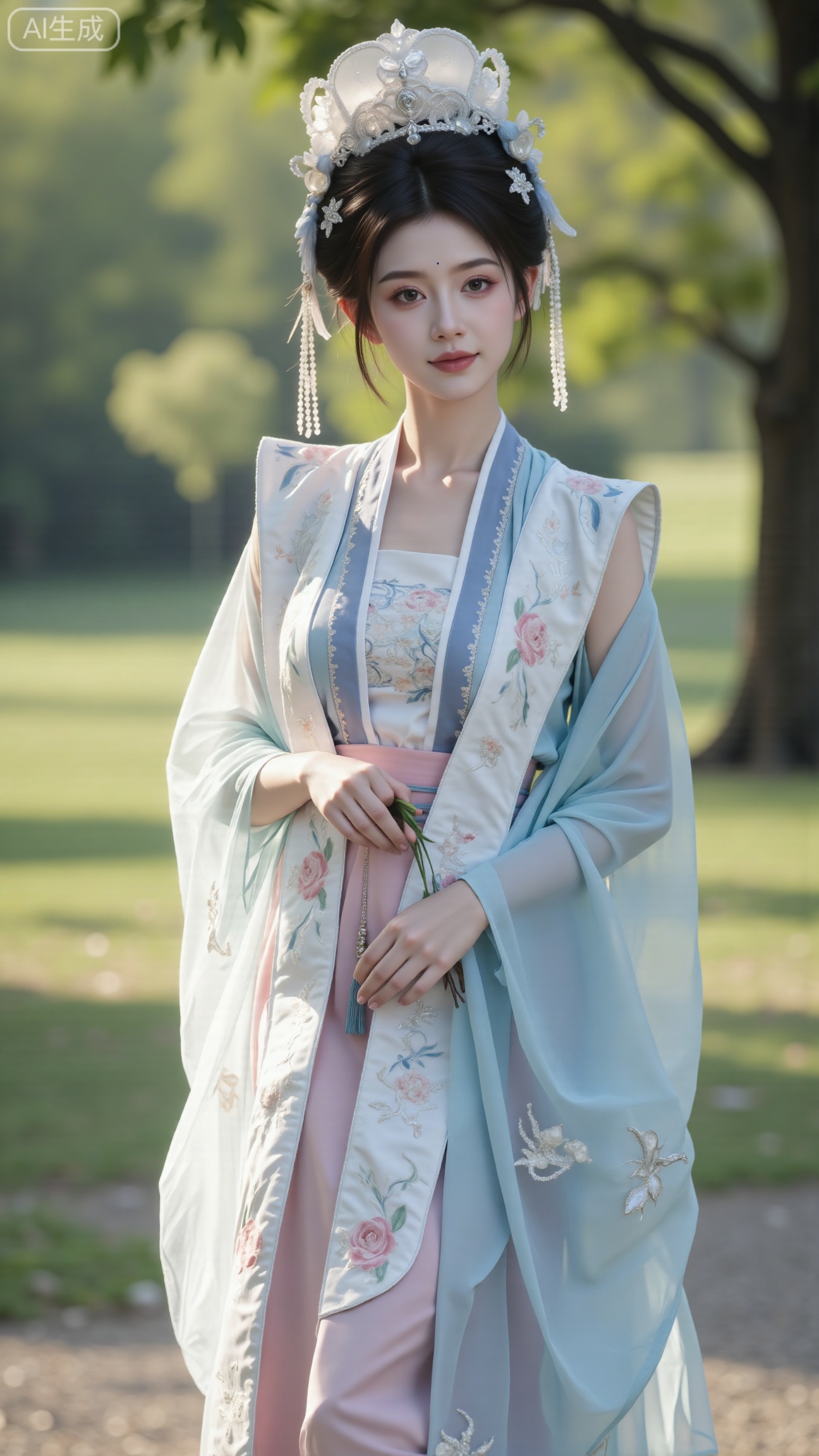 (masterpiece, best quality:1.23),A maiden in Hanfu, presented in the aesthetic of Hayao Miyazakis works, with flowing sleeves, on a background of an ancient forest where light filters through the leaves like a dream,(huge breasts, full breasts:2.98),Xbigbreasts,XbaifengsongyuYH,,Xxiapeisongzhihanfu,Xsongzhihanfuxiapei,Xnangongjin,Xnangongjin2