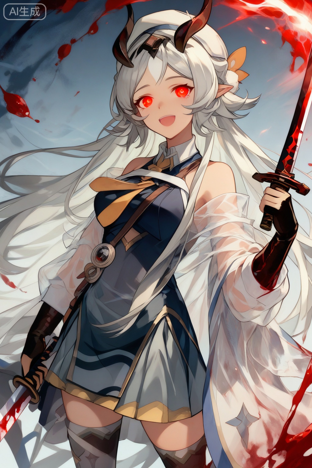score_9,score_8_up,score_7_up,1girl, solo, long hair, breasts, looking at viewer, smile, open mouth, bangs, hair ornament, red eyes, thighhighs, gloves, hat, dress, holding, bare shoulders, standing, weapon, white hair, cowboy shot, horns, pointy ears, black gloves, sword, fingerless gloves, holding weapon, see-through, blood, white headwear, holding sword, grey dress,glowing eyes,gloom (expression),