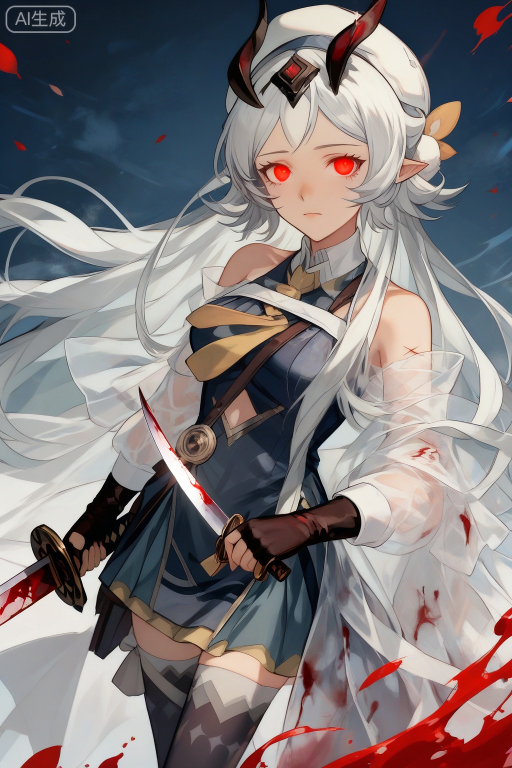score_9,score_8_up,score_7_up,1girl, solo, long hair, breasts, looking at viewer, bangs, hair ornament, red eyes, thighhighs, gloves, hat, dress, holding, bare shoulders, standing, weapon, white hair, cowboy shot, horns, pointy ears, black gloves, sword, fingerless gloves, holding weapon, see-through, blood, white headwear, holding sword, grey dress,glowing eyes,gloom (expression),multiple scars,cuts, dark_persona, 
