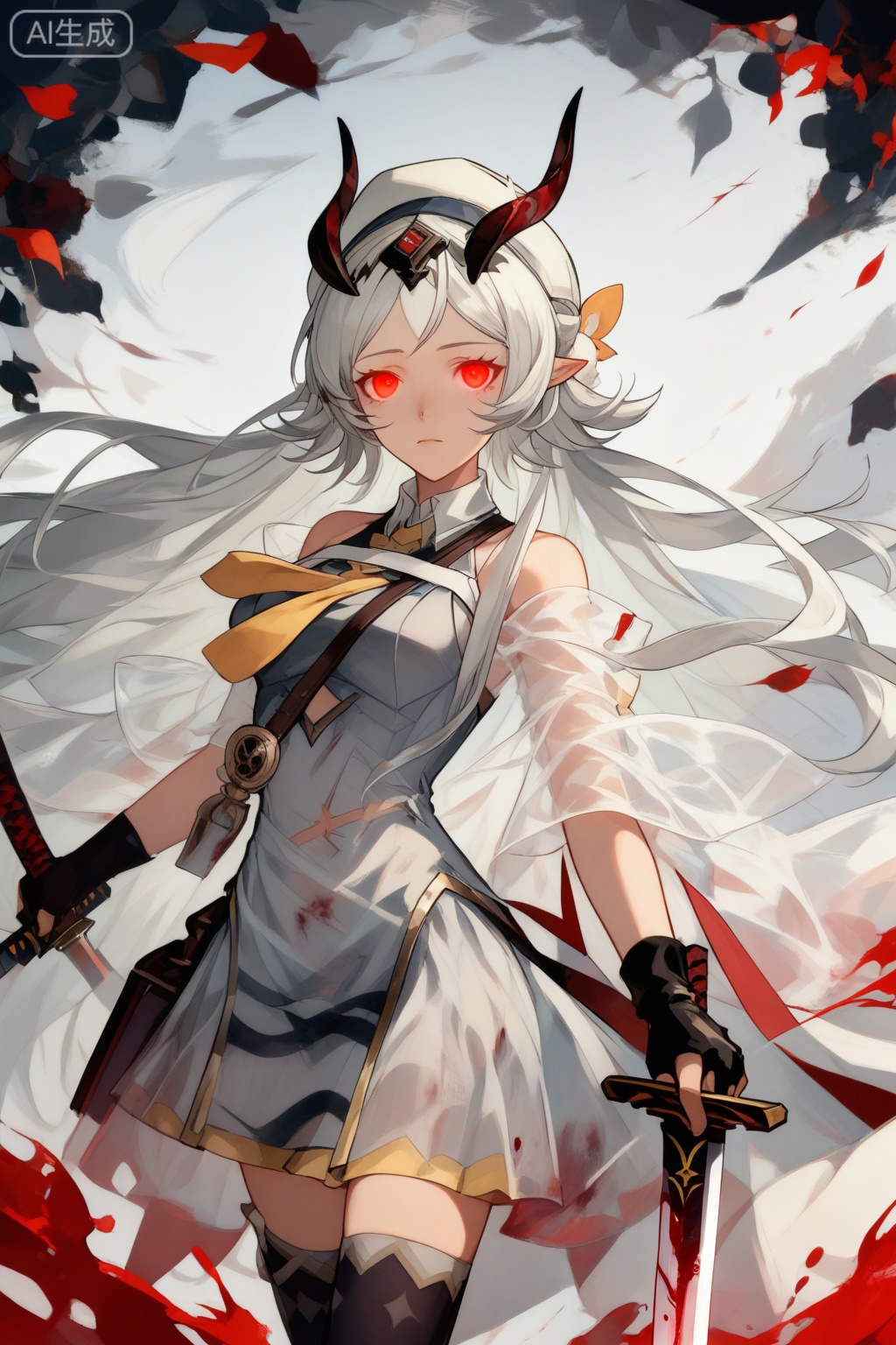 score_9,score_8_up,score_7_up,1girl, solo, long hair, breasts, looking at viewer, bangs, hair ornament, red eyes, thighhighs, gloves, hat, dress, holding, bare shoulders, standing, weapon, white hair, cowboy shot, horns, pointy ears, black gloves, sword, fingerless gloves, holding weapon, see-through, blood, white headwear, holding sword, grey dress,glowing eyes,gloom (expression),multiple scars,cuts, dark_persona, 
