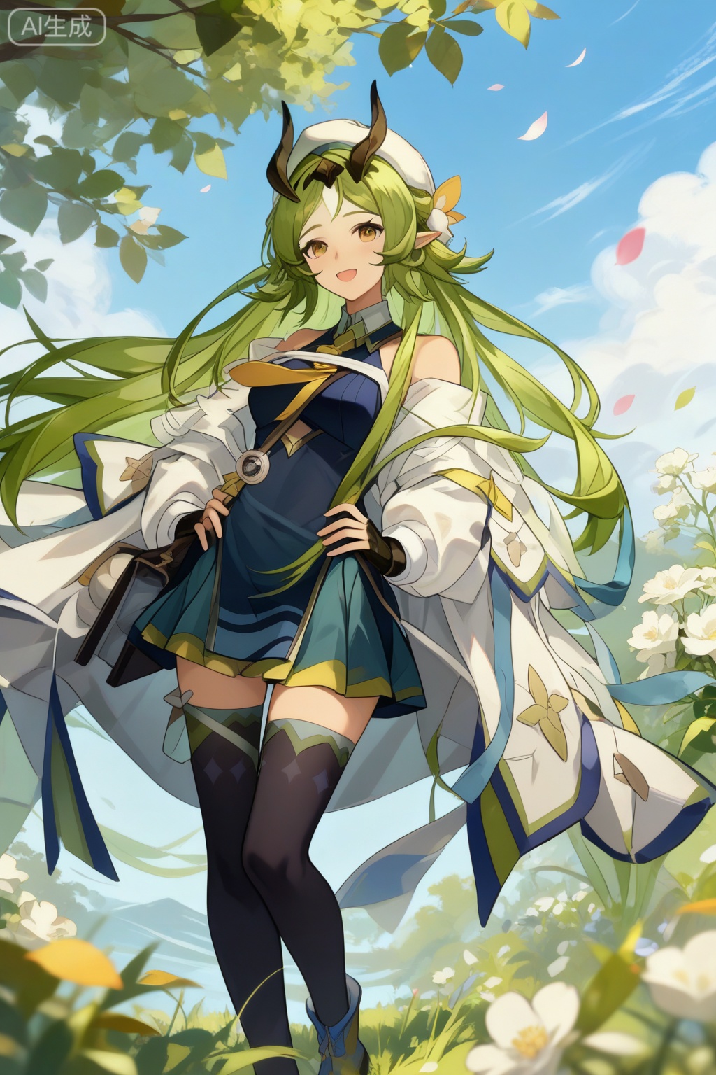 score_9,score_8_up,score_7_up,1girl,solo,long hair,breasts,looking at viewer,bangs,thighhighs,long sleeves,dress,bare shoulders,yellow eyes,flower,outdoors,green hair,open clothes,sky,day,pointy ears,black gloves,black thighhighs,fingerless gloves,off shoulder,coat,parted bangs,petals,beret,white flower,open coat,white coat,hands_on_hips, happy