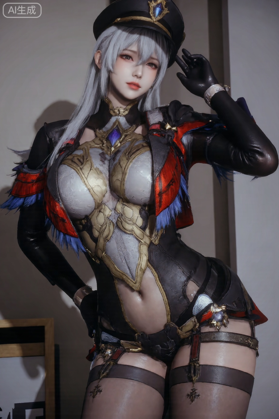 1girl, solo, long hair, breasts, looking at viewer, smile, bangs, hat, brown eyes, closed mouth, jacket, upper body, white hair, indoors, blurry, hand on hip, cosplay, blurry background, watch, hand on headwear, adjusting headwear, black gloves,shiny pantyhose,peace sigh,black coat,full_body,bedroom_eyes,face_****,c-hd