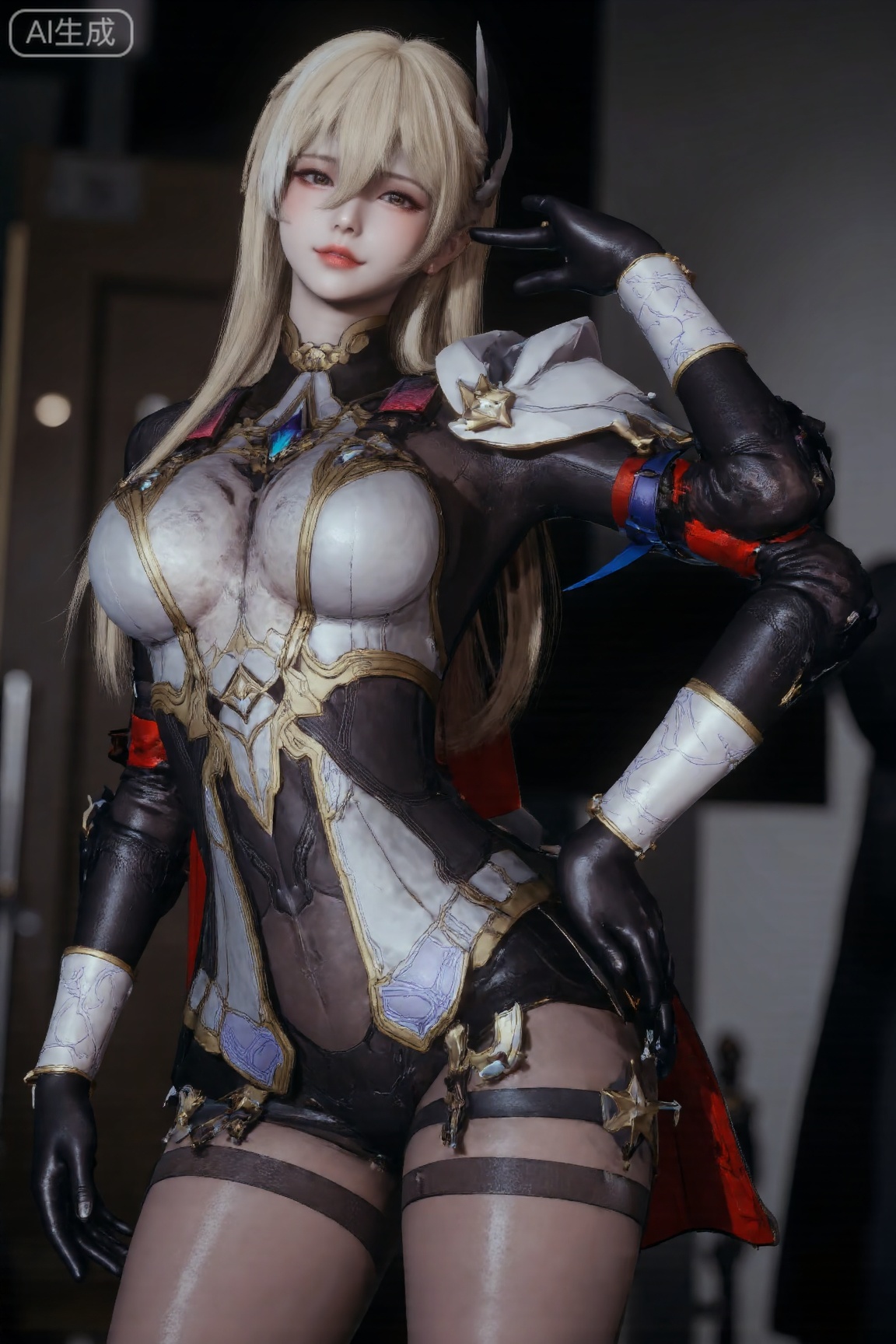 1girl, solo, long hair, breasts, looking at viewer, smile, bangs, hat, brown eyes, closed mouth, jacket, upper body, white hair, indoors, blurry, hand on hip, cosplay, blurry background, watch, hand on headwear, adjusting headwear, black gloves,shiny pantyhose,peace sigh,black coat,full_body,bedroom_eyes,face_****,c-hd