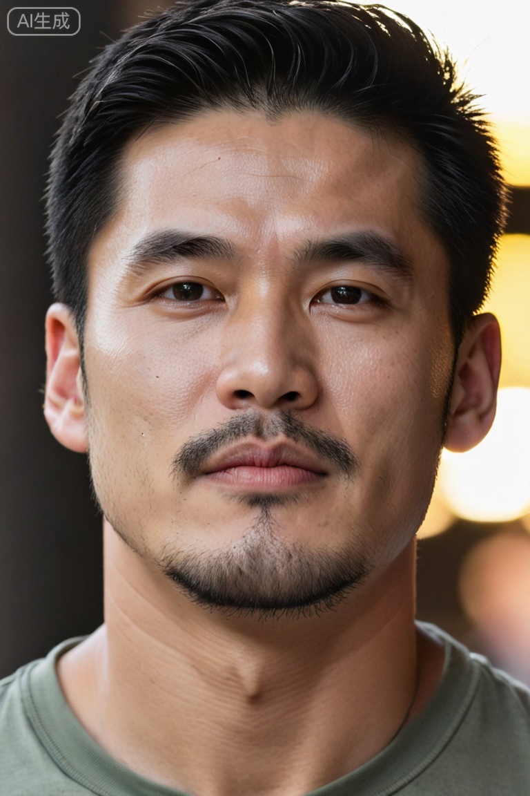 质量词: masterpiece, best quality, amazing quality, very aesthetic, absurdres, highres, newest
画面风格: realistic, blurry background, simple background
人物: 1 man, young man, male focus, solo, asian, mature male
人物特征: facial hair, black hair, black eyes, closed mouth, lips, thick eyebrows, short hair,Fat covered muscle physique
事件: looking at the audience,dyman,
