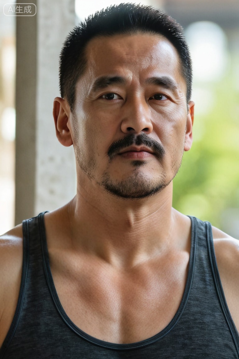 质量词: masterpiece, best quality, amazing quality, very aesthetic, absurdres, highres, newest
画面风格: realistic, blurry background, simple background
人物: 1 man, middle aged man, male focus, solo,Fat covered muscle physique,
人物特征: facial hair, closed mouth, lips, thick eyebrows, short hair,**** top,
事件: looking at the audience,dyman,