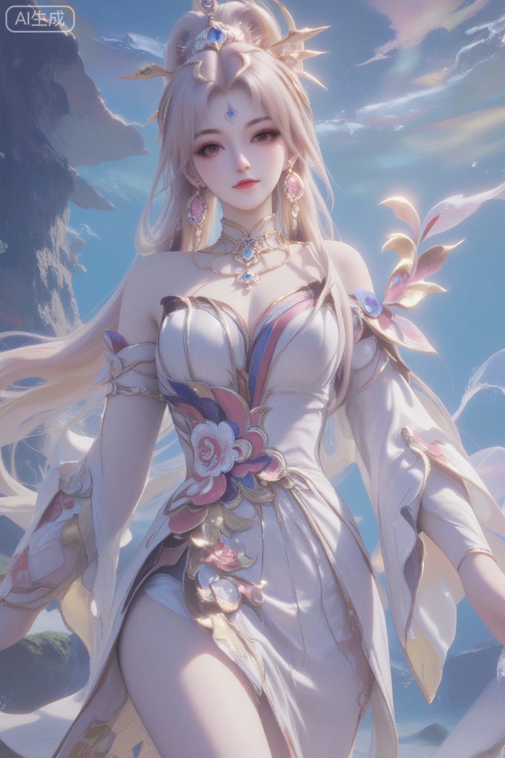 虞姬,score_9,score_8_up,score_7_up,1girl, solo, long hair, looking at viewer, blonde hair, hair ornament, dress, bare shoulders, jewelry,  earrings, detached sleeves, white dress,  facial mark,