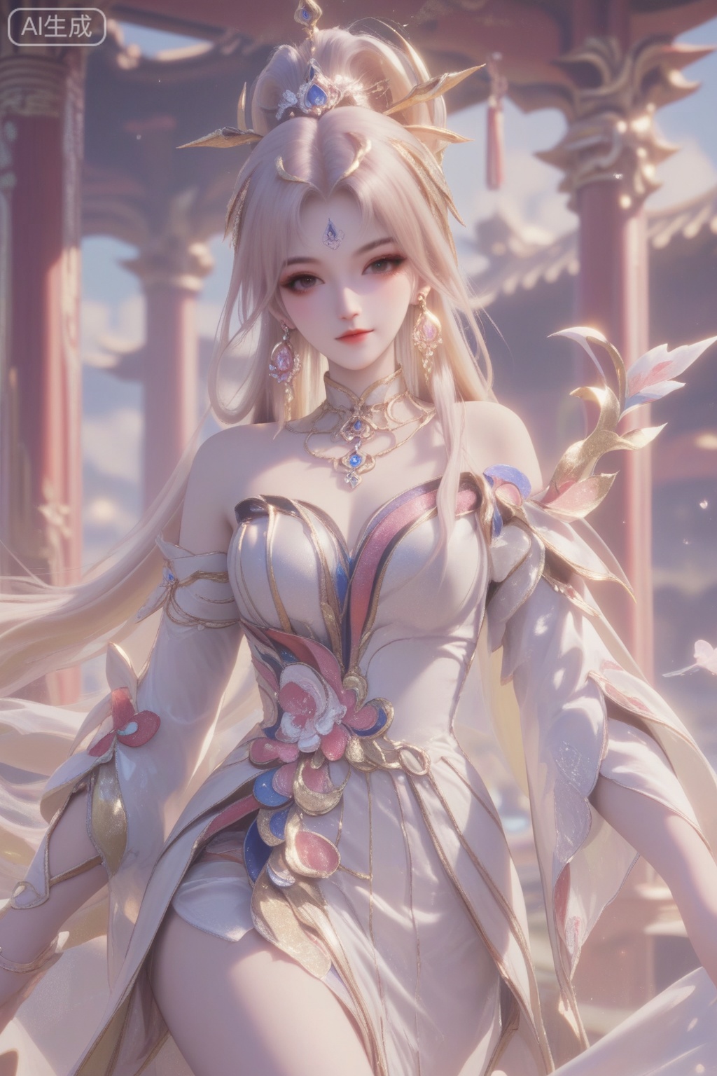 虞姬,score_9,score_8_up,score_7_up,1girl, solo, long hair, looking at viewer, blonde hair, hair ornament, dress, bare shoulders, jewelry,  earrings, detached sleeves, white dress,  facial mark,