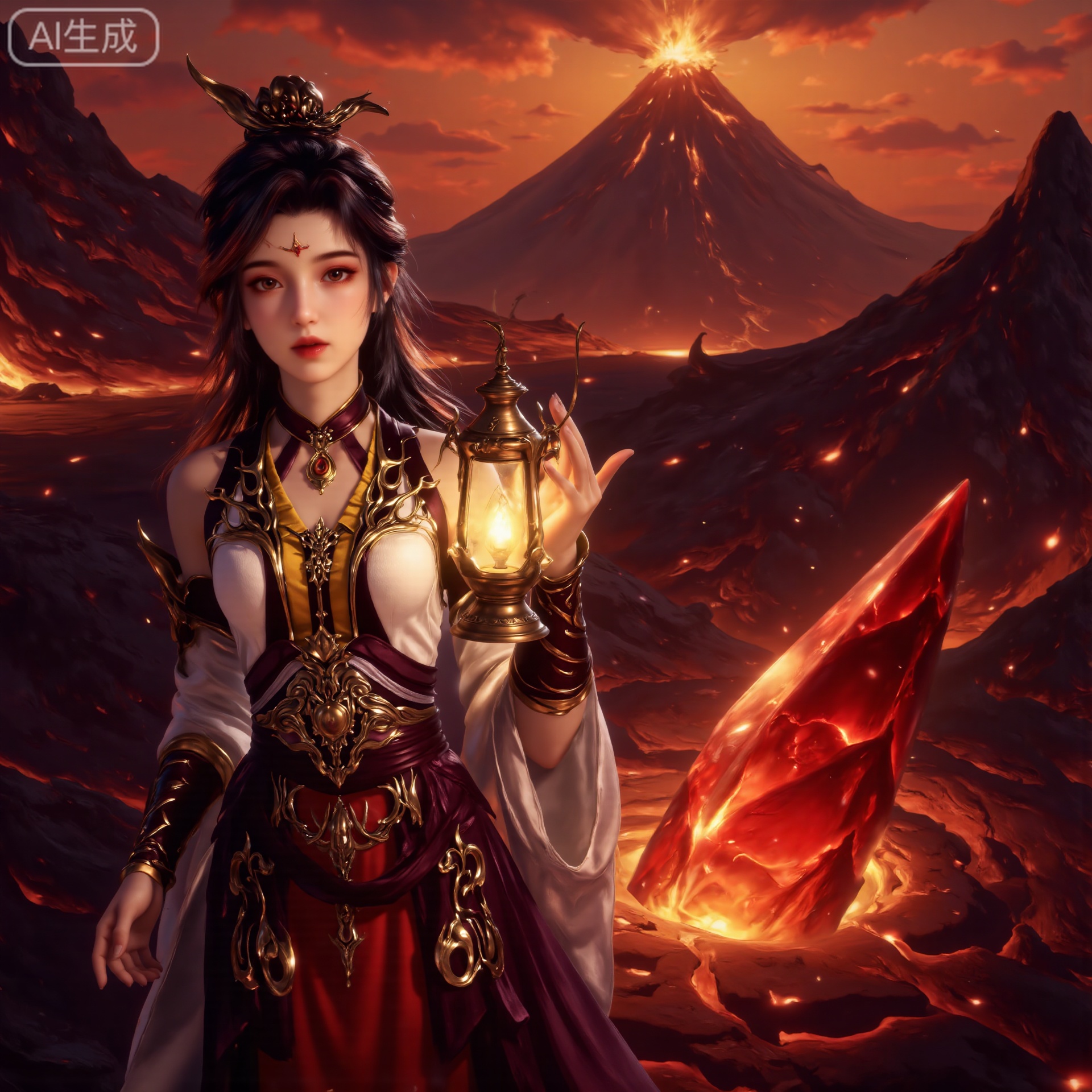 This image depicts a young girl in traditional costume, standing in a landscape of volcanoes and magma. She lit up the surrounding area with a glowing lantern. On the ground in front of her, there is a huge, red crystal-like object, which gives off bright light, and there is a magma pool. The background is a volcanic landscape, and there is a volcano erupting in the distance, casting orange light on the scene. The sky is crimson, suggesting sunset or volcanic eruption. The girl seems to be checking the crystal with a serene expression on her face. The overall atmosphere is mysterious and extraordinary, blending natural and fantasy elements.
