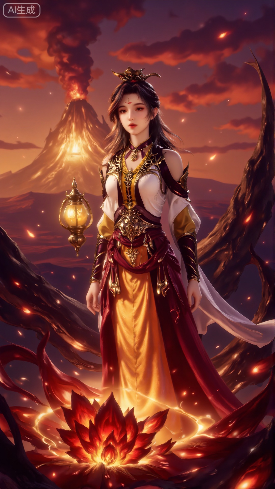 This image depicts a young girl in traditional costume, standing in a landscape of volcanoes and magma. She lit up the surrounding area with a glowing lantern. On the ground in front of her, there is a huge, red crystal-like object, which gives off bright light, and there is a magma pool. The background is a volcanic landscape, and there is a volcano erupting in the distance, casting orange light on the scene. The sky is crimson, suggesting sunset or volcanic eruption. The girl seems to be checking the crystal with a serene expression on her face. The overall atmosphere is mysterious and extraordinary, blending natural and fantasy elements.