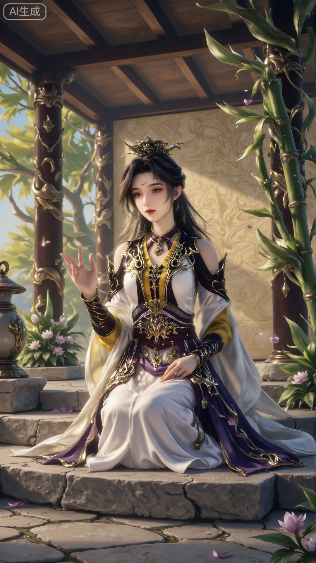 This painting depicts a quiet and elegant scene with a traditional East Asian garden in the background. The girl is wearing elegant clothes and sitting on a stone platform. This woman is holding a tea set, suggesting a time for leisure or tea.

Surrounded by lush bamboo and sporadic flowers, it creates a quiet atmosphere. The background is a wooden structure, and the windows are decorated with bamboo curtains, through which soft light can penetrate. The ground is paved with stones, and there is a stone lantern on the left.

The overall composition is harmonious, and the balance between natural elements and traditional costumes evokes a feeling of peace and cultural richness.