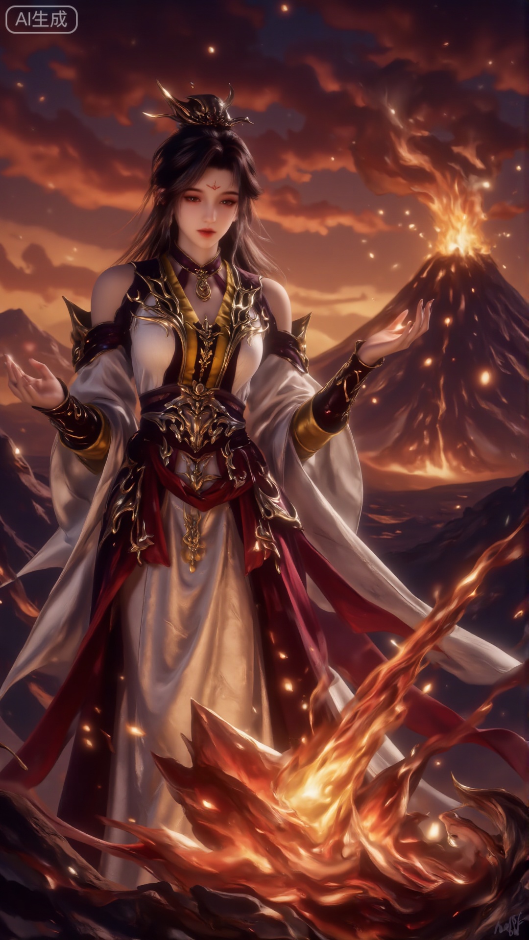 This image depicts a young girl in traditional costume, standing in a landscape of volcanoes and magma. She lit up the surrounding area with a glowing lantern. On the ground in front of her, there is a huge, red crystal-like object, which gives off bright light, and there is a magma pool. The background is a volcanic landscape, and there is a volcano erupting in the distance, casting orange light on the scene. The sky is crimson, suggesting sunset or volcanic eruption. The girl seems to be checking the crystal with a serene expression on her face. The overall atmosphere is mysterious and extraordinary, blending natural and fantasy elements.