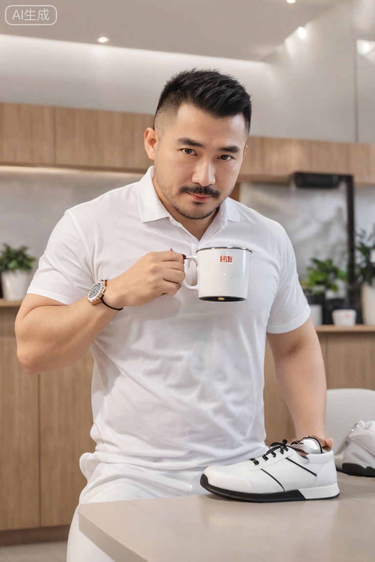 质量词: masterpiece, best quality, amazing quality, very aesthetic, absurdres, highres, newest,
画面风格: realistic, blurry background, simple background,
人物特征:1man,solo,looking at viewer,facial hair,pectorals,watch,wristwatch,chest hair,arm hair,crew cut,Fat covered muscle physique,topless,mustache,
人物服饰:shoes,white footwear,pants,white pants,sneakers,
人物事件:indoors, office, office environment, coffee, holding coffee cup, drinking coffee, office desk, office chair, daytime office, office lighting, coffee steam, disposable coffee cup (or ceramic coffee cup)