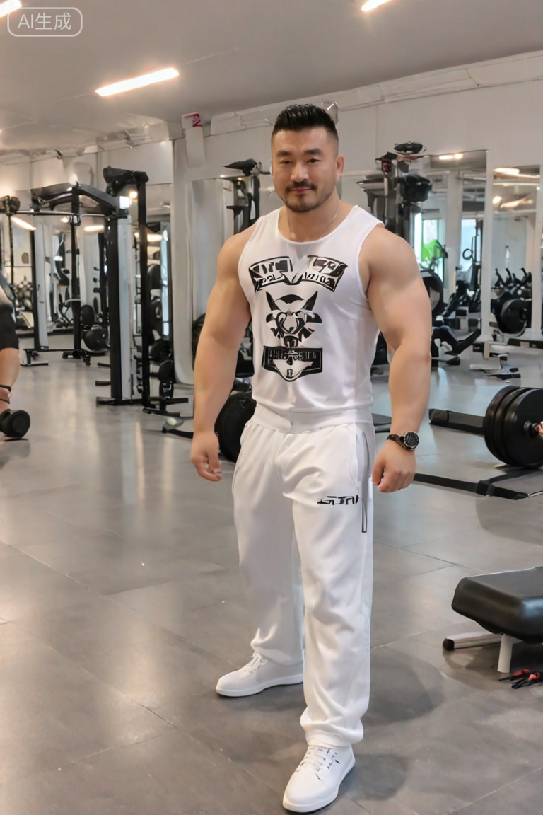 质量词: masterpiece, best quality, amazing quality, very aesthetic, absurdres, highres, newest,
画面风格: realistic, blurry background, simple background,
人物特征:1man,solo,looking at viewer,facial hair,pectorals,watch,wristwatch,chest hair,arm hair,crew cut,Fat covered muscle physique,topless,mustache,
人物服饰:shoes,white footwear,pants,white pants,sneakers,
人物事件:indoors, gym, gym environment, working out, fitness, using gym equipment (e.g., dumbbell, barbell, gym bench), gym floor, gym mirror, gym lighting, post-workout (or in-workout) state, sweat soaking into pants waistband, sweat dripping onto gym floor