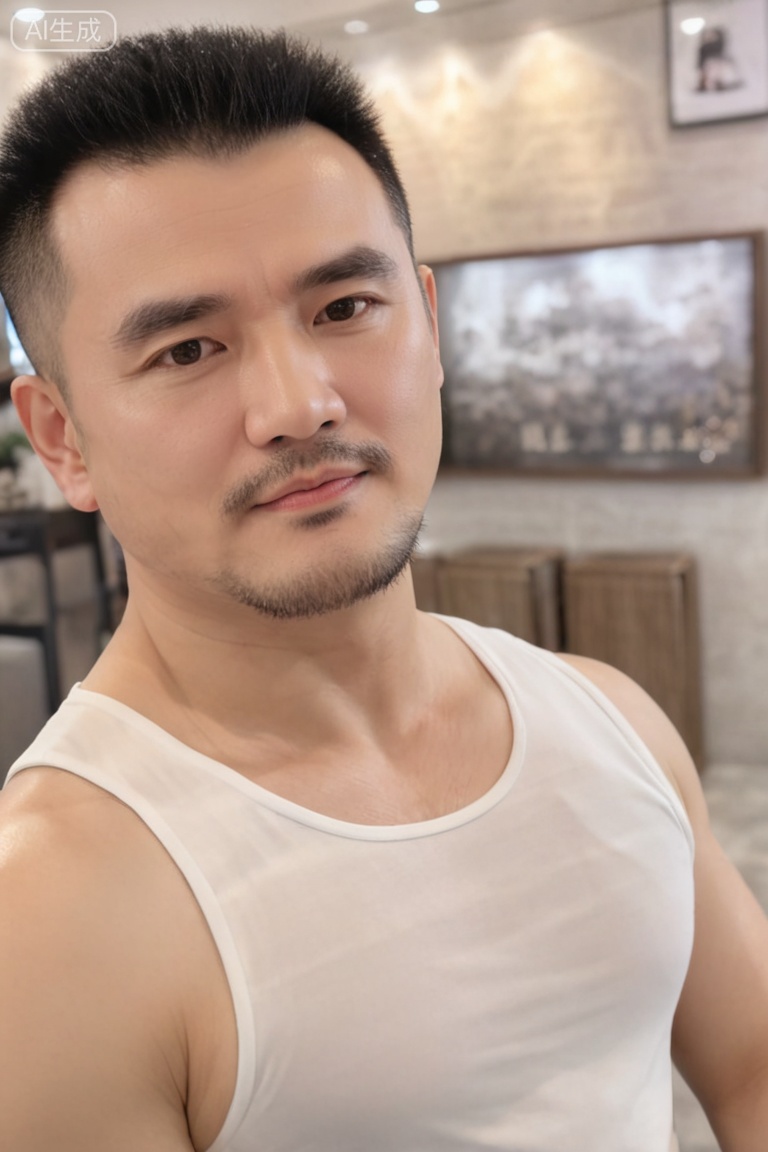 质量词: masterpiece, best quality, amazing quality, very aesthetic, absurdres, highres, newest 画面风格: realistic, blurry background, simple background 人物: 1 man, middle aged man, male focus, solo,Fat covered muscle physique, 人物特征: facial hair, closed mouth, lips, thick eyebrows, short hair,**** top, 事件: looking at the audience,