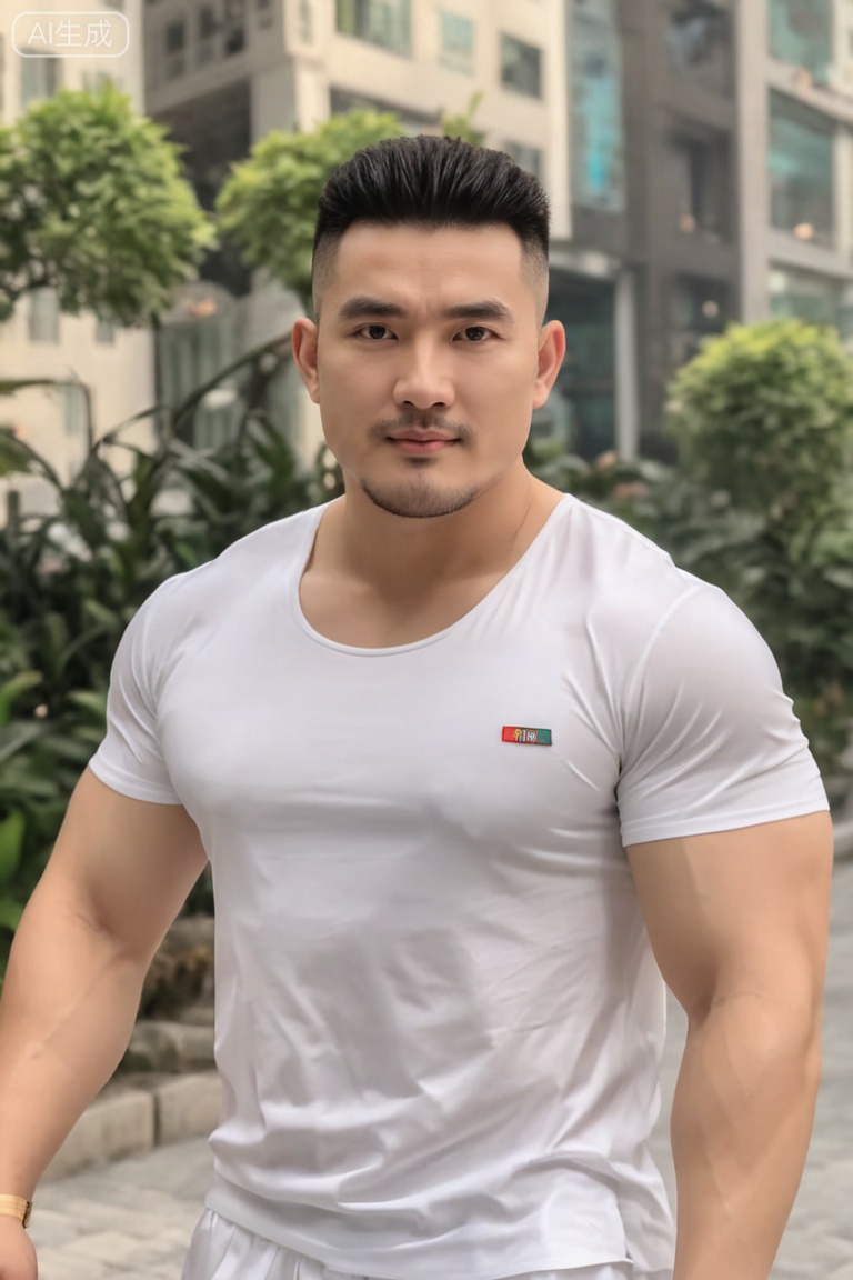 质量词: masterpiece, best quality, amazing quality, very aesthetic, absurdres, highres, newest,
画面风格: realistic, blurry background, simple background,
人物: 1man, young man,solo,Fat covered muscle physique, 
人物特征: facial hair, closed mouth, lips, thick eyebrows, short hair,
事件: looking at the audience,