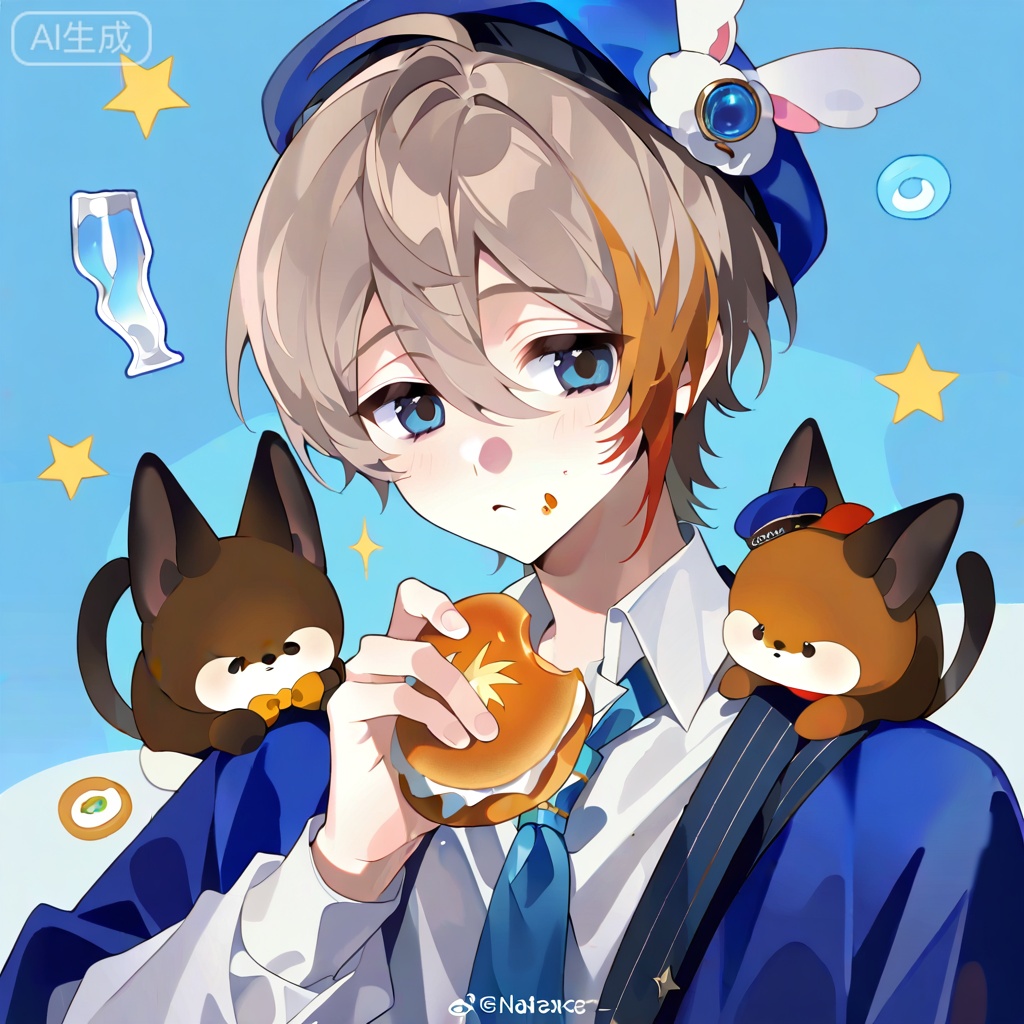 en,en,holding food,multicolored hair,food,white shirt,blue eyes,animal,1boy,blue necktie,star (symbol),white shirt,blue headwear,blue hat,bangs,holding,necktie,blue background,long sleeves,shirt,sfw,multicolored hair,holding can,closed eyes,blue necktie,brown hair,hat,eyebrows visible through hair,starry background,animal ears,animal on shoulder,brown eyes,white headwear,male focus,food on face,