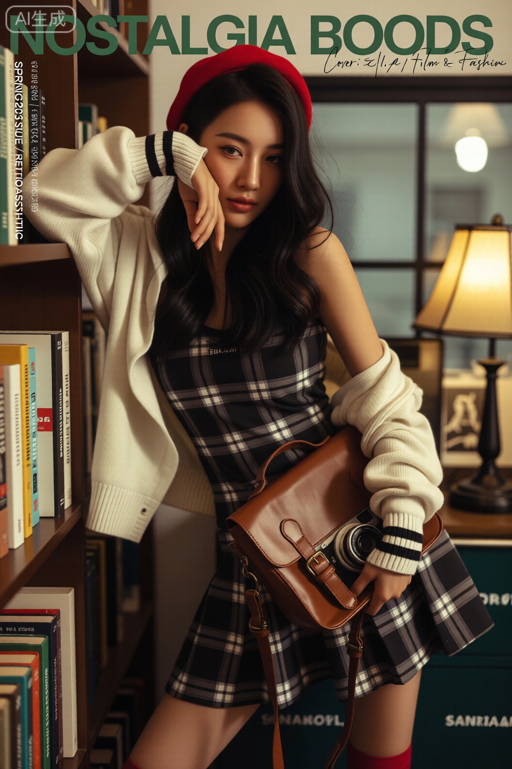 画面主体是位复古文艺女性,卷发配红色贝雷帽,妆容淡雅,身着咖色格纹吊带裙,外搭米白针织开衫,手持棕色皮革相机包,包内露出复古胶片相机一角,姿态轻倚木质书架,眼神温柔看向镜头。背景是暖光复古书店,满墙旧书与昏黄台灯营造静谧氛围。文字排版：顶部墨绿色花体字刊名“NOSTALGIA BOOKS”,复古感拉满；左侧竖排白色细字标注“SPRING 2025 ISSUE / RETRO AESTHETIC”；右侧用手写体写“COVER: ELLA / FILM & FASHION”。光线为店内暖黄漫射光,柔化人物轮廓；色彩以咖、米、墨绿为主,温润复古。使用佳能EOS R5,RF 85mm f/1.2L 镜头,快门1/80s,光圈f/1.8,ISO 400。后期增加胶片颗粒,让文字质感匹配复古画面,传递文艺杂志的沉浸感。