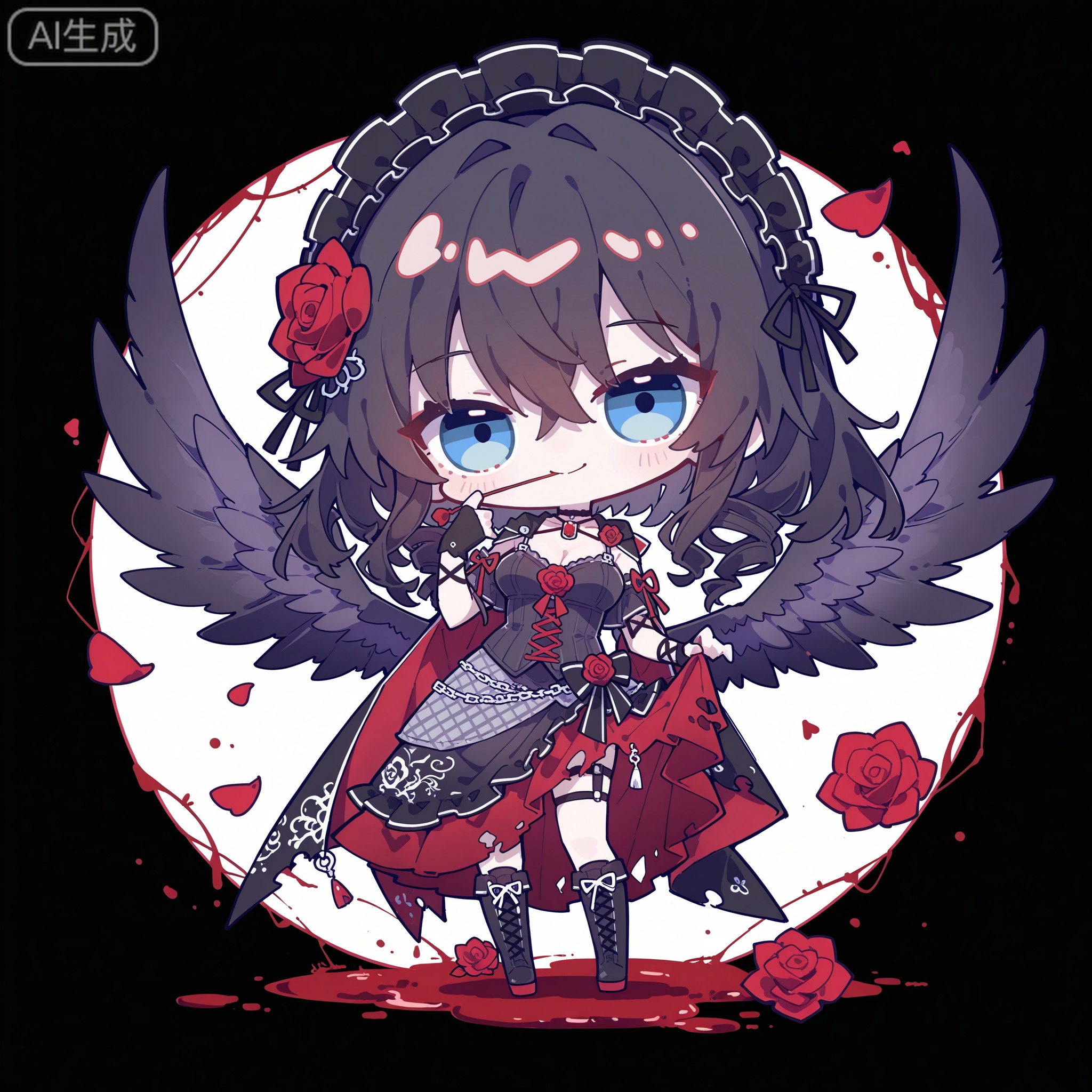 Solo, whole body, mature_monster_girl, monster_headdress, monster_clothes,

White background, monochrome theme, outline: 1.2

Cujiujiu,//

Line art, masterpiece, the best quality, extremely exquisite and beautiful,

Huge file size, amazing quality,multicolored hair,,(imazawa:1.1),(maccha_(mochancc):0.3),(ningen_mame:0.8),(mochizuki_kei:0.75),
／／
1 girl, breasts, cleavage, 
1girl, solo, charcoal black hair, ink black hair, long curly hair, red rose hair ornament, black feather hair accessories, ice blue-gray eyes, cold gray-blue eyes, narrow eyes, cold expression, smirks, red rose petal in mouth, pale skin with red blush, gothic dark style, black lace camisole, black multi-layered torn cape, red satin lining, red rose decorations, metal cross buckle, black ruffled long skirt, gray polka dot pattern, red inner skirt, black knee-high lace-up boots, metal chain decorations, black choker, red rose pendant, standing pose, body tilt right, lifting skirt, floating cape, floating hair, raven motif, black phoenix butterfly motif, blood splatter effects, monster girl, animalistic limbs, raven claws on hands and feet, black raven wings, feathered wings, taloned feet, demonic lower body, twisted monster legs, pure white background, solid white background, no other background elements, no watermark, no text, elegant and aloof, yandere aesthetic, delicate line art, soft shading, dark fantasy, horror gothic,chibi,border,round border.