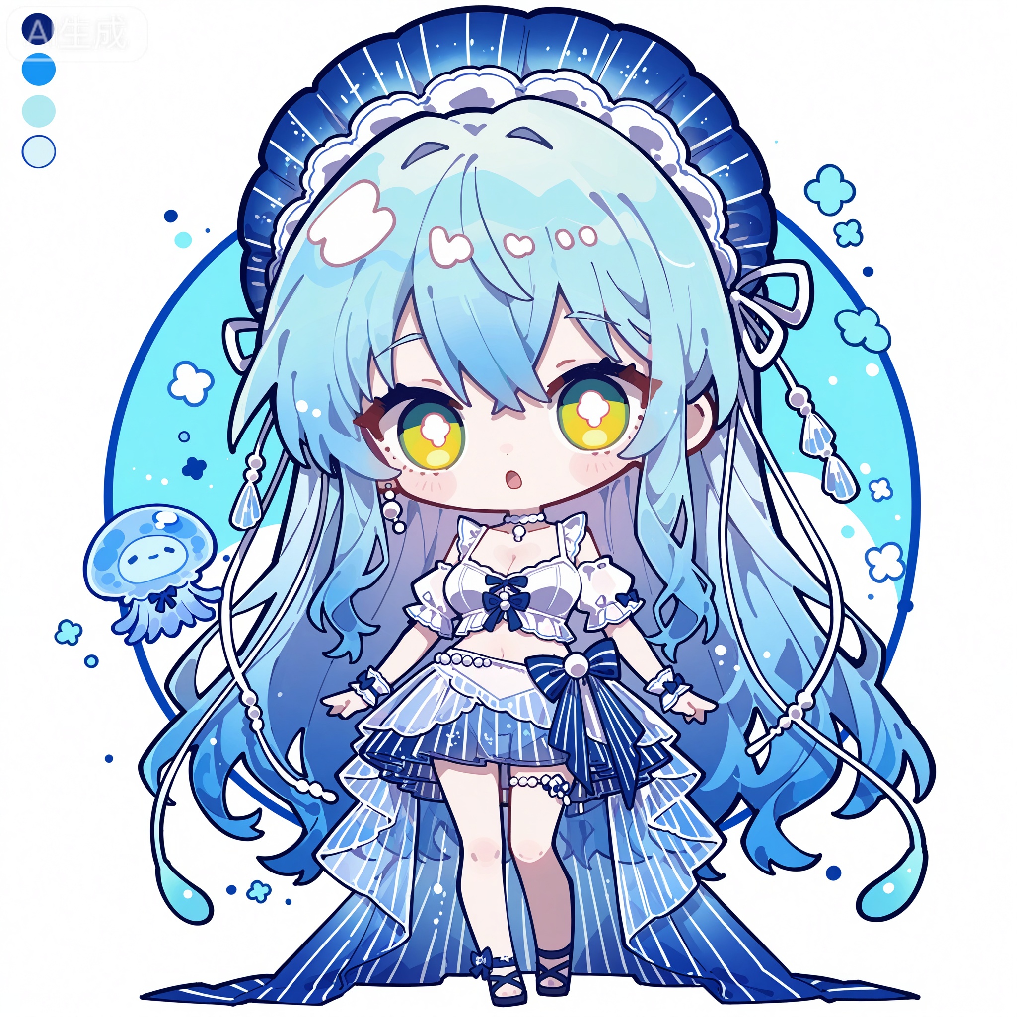 Solo, whole body, mature_monster_girl, monster_headdress, monster_clothes,

White background, monochrome theme, outline: 1.2

Cujiujiu,//

Line art, masterpiece, the best quality, extremely exquisite and beautiful,

Huge file size, amazing quality,multicolored hair,,(imazawa:1.1),(maccha_(mochancc):0.3),(ningen_mame:0.8),(mochizuki_kei:0.75),
／／
1 girl, breasts, cleavage, 

1girl, solo, ice blue jellyfish-like hair, transparent wavy hair, bioluminescent hair tips, light amber jellyfish eyes, glowing pupils, innocent expression, soft gaze, slightly open mouth, pale translucent skin, bioluminescent blue blush, jellyfish humanoid, full body jellyfish transformation, jellyfish tentacle limbs, transparent tentacles with bioluminescent blue stripes, floating tentacles, jellyfish bell-shaped skirt, sheer bioluminescent blue overlay, white camisole, light blue lace trim, ice blue cropped blouse, puff sleeves, white bow, white pearl choker, light blue ribbon wristbands, standing pose, floating posture, ethereal movement, solid white background, no other background elements, bioluminescent glow, transparent texture, delicate line art, soft shading, no watermark, no text, marine fantasy, pure and ethereal aesthetic,border,round border.,chibi