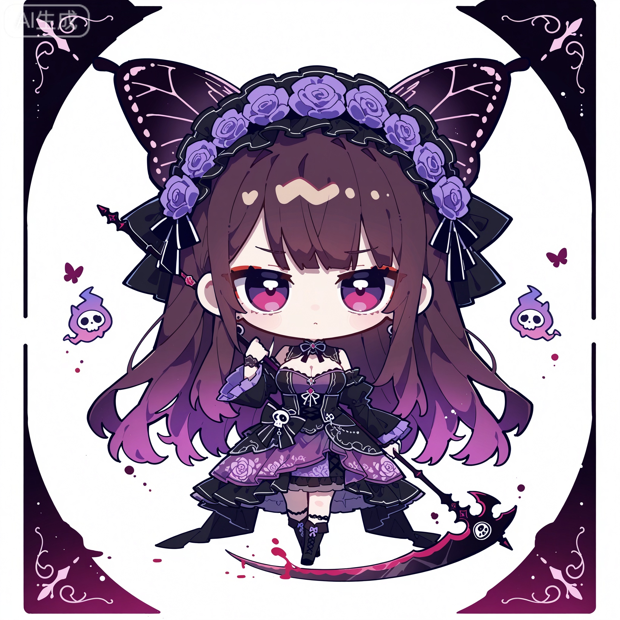 Solo, whole body, mature_monster_girl, monster_headdress, monster_clothes,

White background, monochrome theme, outline: 1.2

Cujiujiu,//

Line art, masterpiece, the best quality, extremely exquisite and beautiful,

Huge file size, amazing quality,multicolored hair,,(imazawa:1.1),(maccha_(mochancc):0.3),(ningen_mame:0.8),(mochizuki_kei:0.75),
／／
1 girl, breasts, cleavage, 

masterpiece, best quality, ultra-detailed, 1girl, fluffy pink-purple gradient hair with purple flower and skull decoration, slender purple eyes with red eyeshadow, cold and indifferent expression, gothic lolita dress with multi-layer ruffled dark purple tulle, black lace-up boots, holding a giant scythe with blood texture, pink and purple balloons beside, purple emperor butterfly wings pattern on dress, dynamic floating ribbons, white background with ink splashes, dark fantasy aesthetic, sweet and dark contrast, anime illustration, cinematic lighting,border,round border.,chibi