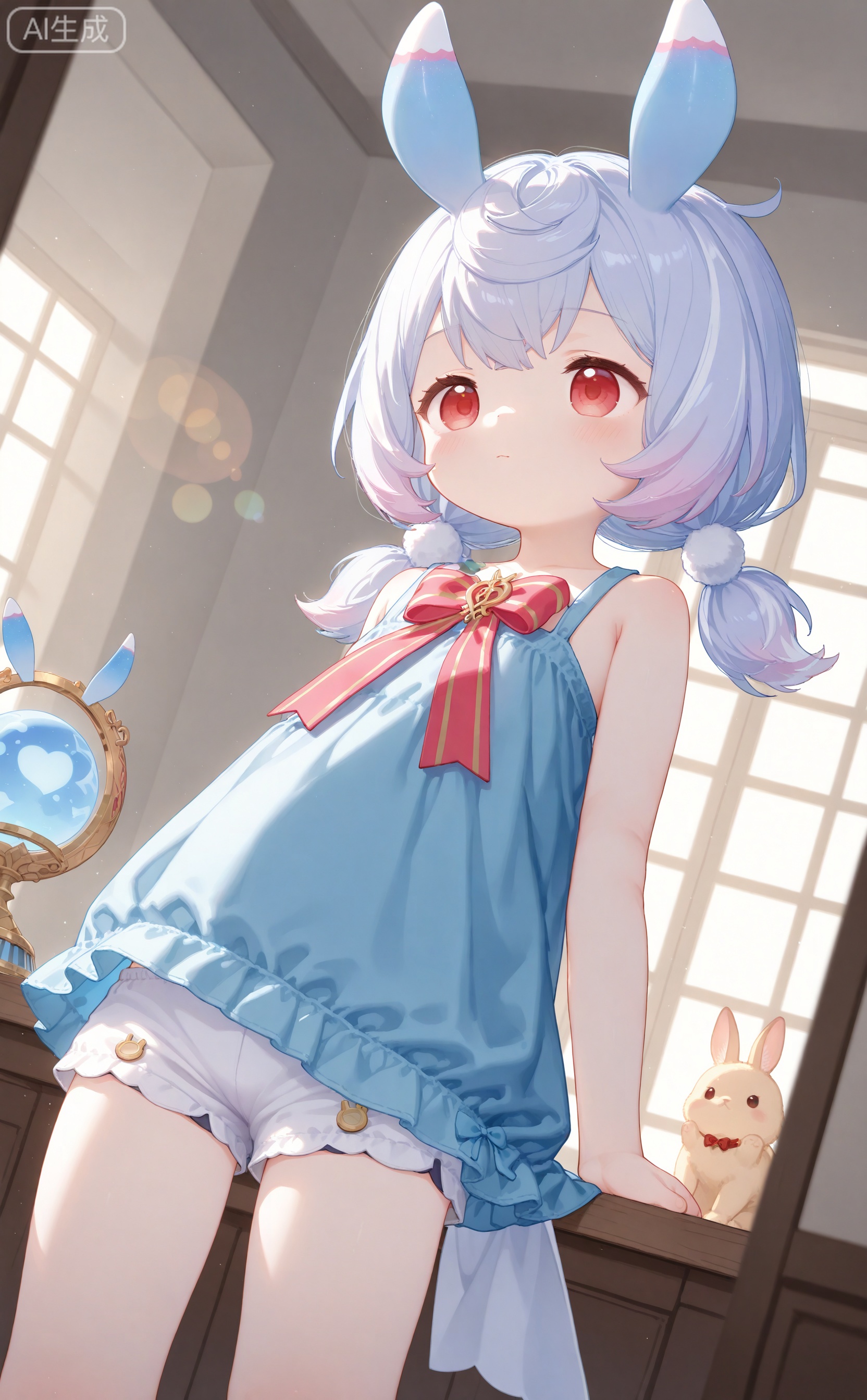 masterpiece,very aware,highres,absurdres,newest,best quality,high quality,chromatic_aberration,lens_flare,dynamic_angle,cinematic_angle
ciloranko,(sho \(sho lwlw\):0.9524),(tianliang duohe fangdongye:0.907),(rhasta:0.907),
toddler,kindergartener,female child,underage,petite,cute,kawai,little girl,kid,underage,aged_down,loli,
1girl, solo, long hair, bangs, red eyes, dress, animal ears, bare shoulders, twintails, closed mouth, blue hair, standing, shorts, sleeveless, indoors, rabbit ears, bare arms, short shorts, low twintails, veil, white shorts, orb, sigewinne /(genshin impact/),sigewinne_(genshin_impact),no hat