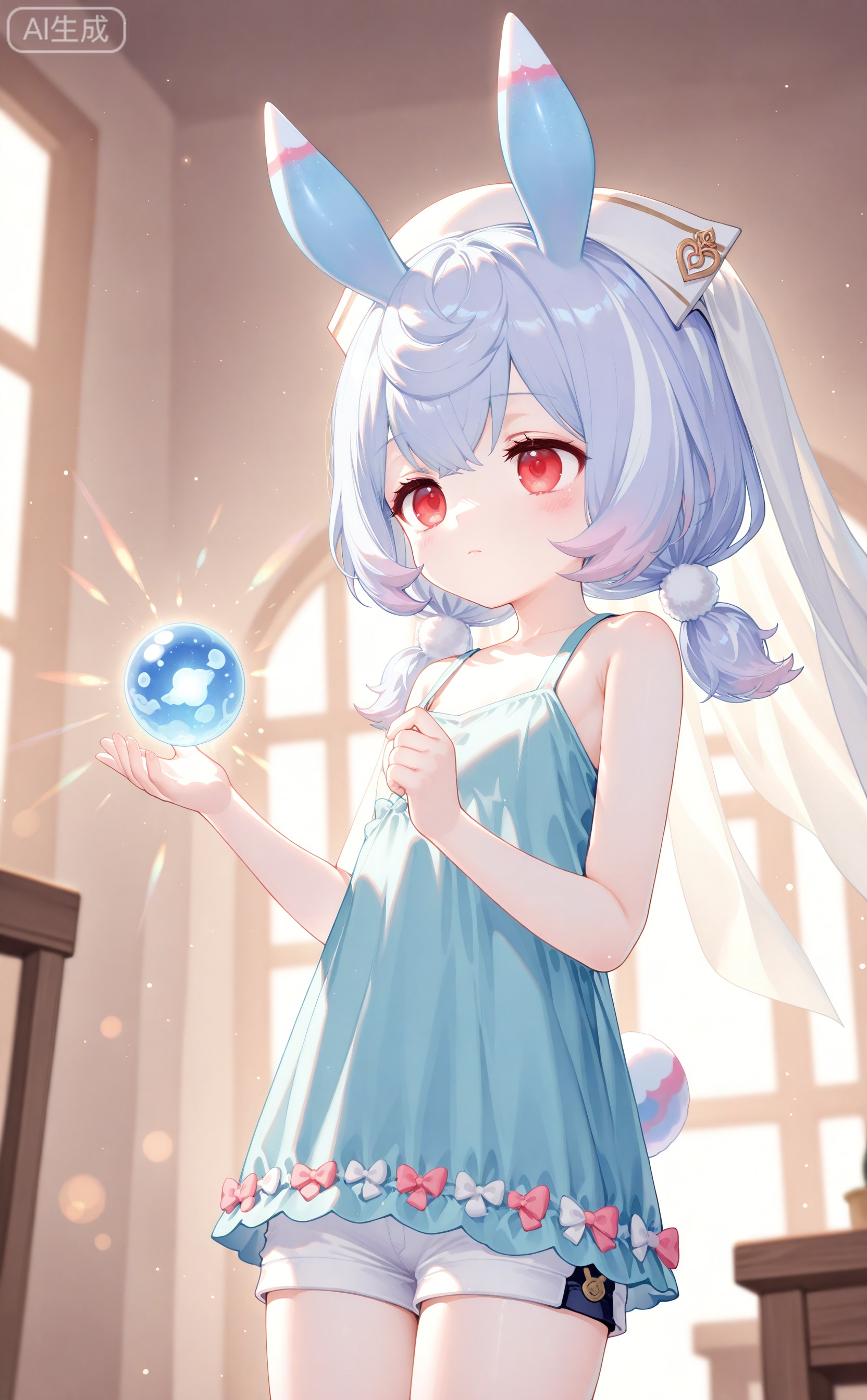 masterpiece,very aware,highres,absurdres,newest,best quality,high quality,loli,petite,chromatic_aberration,lens_flare,dynamic_angle,cinematic_angle,(yago8 pp3,rella:1.1025),ciloranko,sheya,ishiyumi,fkey,tokkyu,infukun,
1girl, solo, long hair, bangs, red eyes, dress, animal ears, bare shoulders, twintails, closed mouth, blue hair, standing, shorts, sleeveless, indoors, rabbit ears, bare arms, short shorts, low twintails, veil, white shorts, orb, sigewinne /(genshin impact/),sigewinne_(genshin_impact),no hat