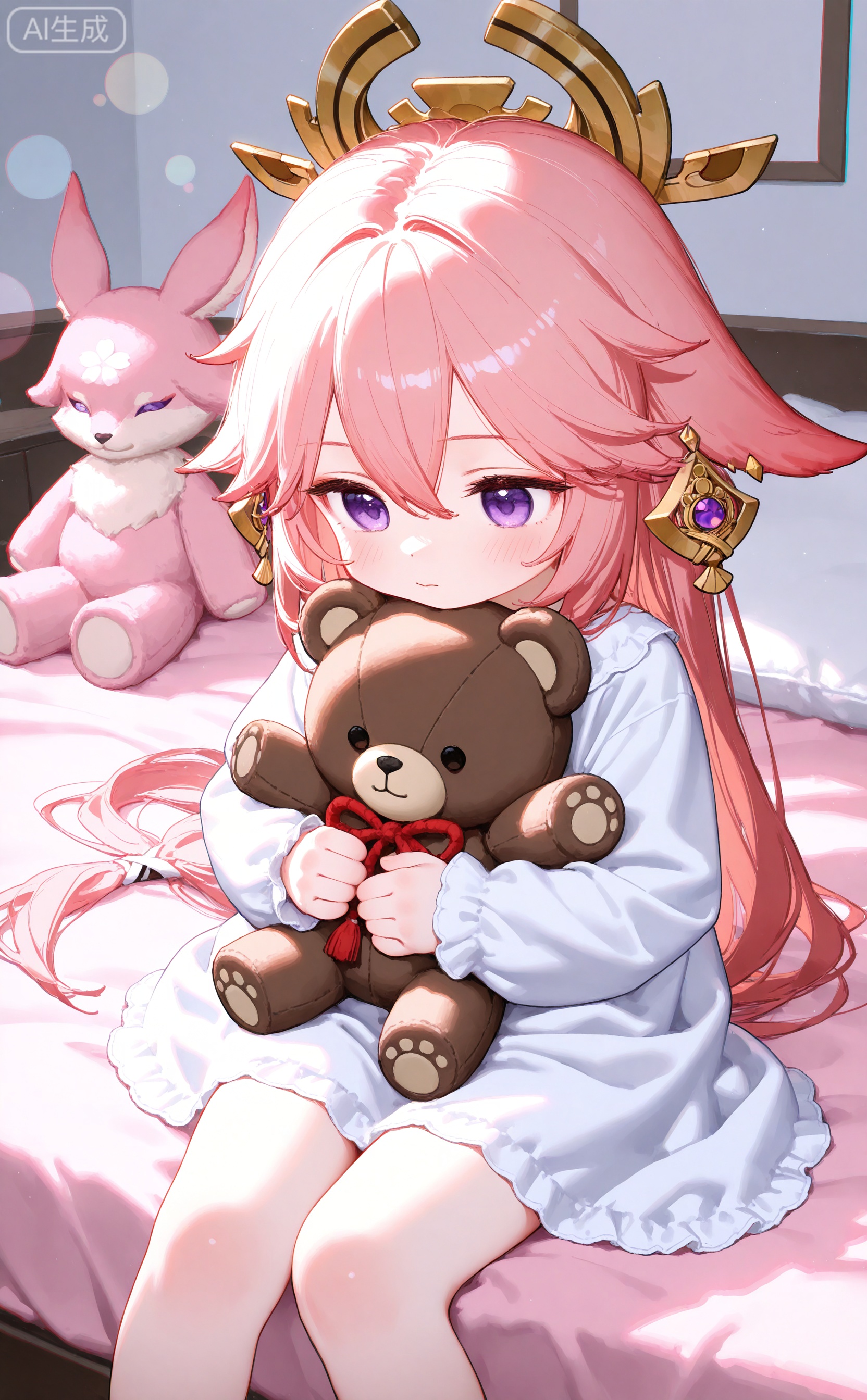 masterpiece,very aware,highres,absurdres,newest,best quality,high quality,chromatic_aberration,lens_flare,dynamic_angle,cinematic_angle
ciloranko,(sho \(sho lwlw\):0.9524),(tianliang duohe fangdongye:0.907),(rhasta:0.907),
toddler,kindergartener,female child,underage,petite,cute,kawai,little girl,kid,underage,aged_down,loli,
1girl, solo, long hair, yae miko /(genshin impact/),yae_miko_(genshin_impact),indoors,bed room,sitting,in bed,Doll, doll bear,hugging,hugging doll,pink theme,