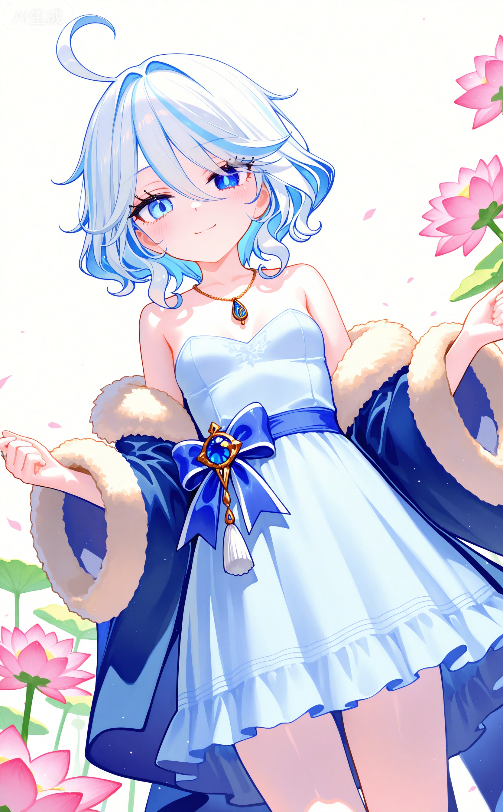 masterpiece,very aware,highres,absurdres,newest,best quality,high quality,loli,petite,chromatic_aberration,lens_flare,dynamic_angle,cinematic_angle,(yago8 pp3,rella:1.1025),ciloranko,sheya,ishiyumi,fkey,tokkyu,infukun,
1girl, solo, breasts, looking at viewer, smile, short hair, bangs, blue eyes, hair ornament, long sleeves, white background, dress, hair between eyes, bare shoulders, jewelry, closed mouth, blue hair, standing, flower, ahoge, white hair, multicolored hair, small breasts, wide sleeves, necklace, off shoulder, fur trim, strapless, blue dress, tassel, strapless dress, pink flower, lotus,furina /(genshin impact/),furina_(genshin_impact),