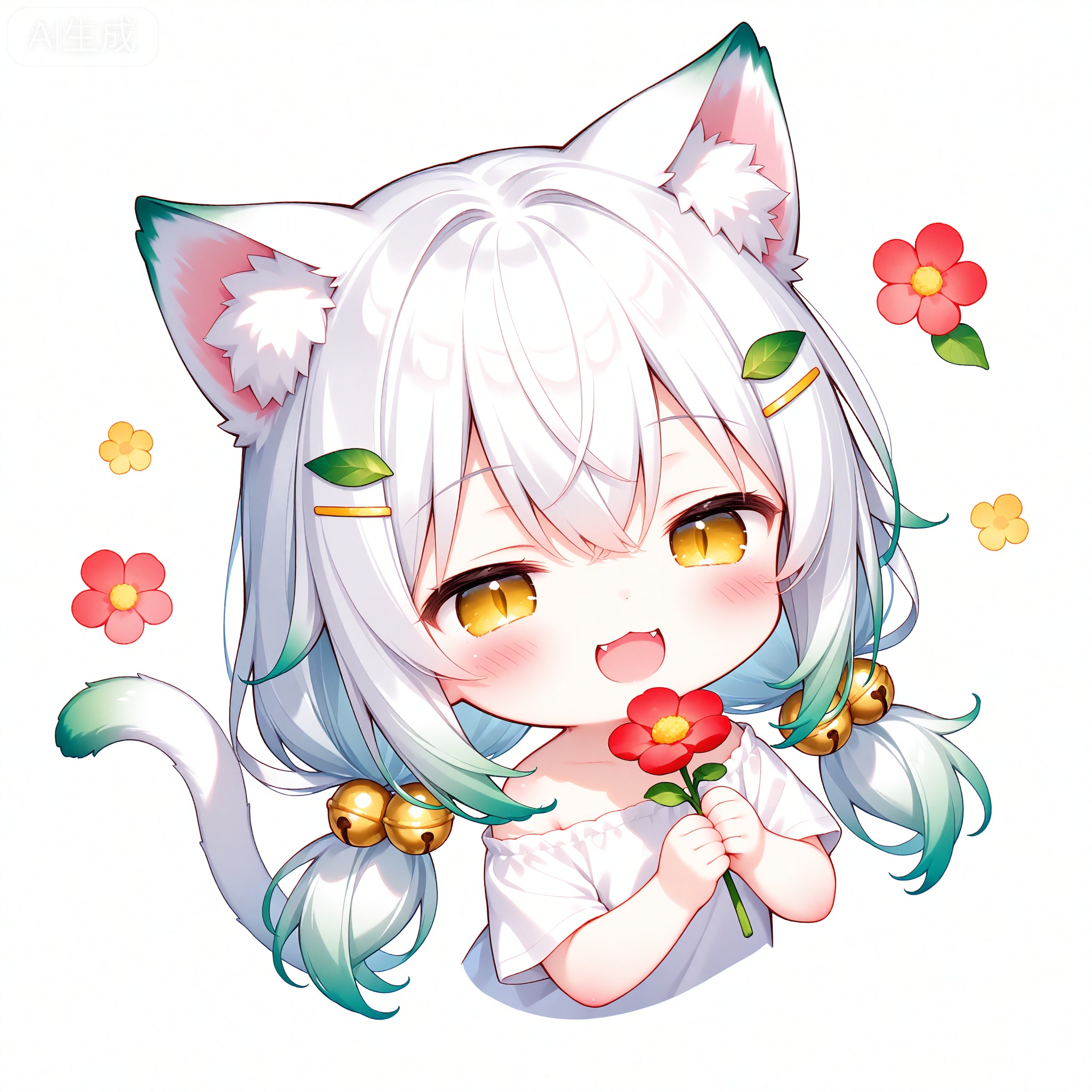 masterpiece,best quality,high quality,chromatic_aberration,qscc, tsubasachyan,sugerlolijio,(chibi:1.5),
1girl, (solo:2), long hair, blush, smile, open mouth, bangs, simple background, shirt, hair ornament, white background, holding, animal ears, hair between eyes, twintails, closed eyes, white shirt, upper body, flower, white hair, short sleeves, :d, multicolored hair, green hair, cat ears, off shoulder, animal ear fluff, bell, ^ ^, low twintails, fangs, facing viewer, red flower, cropped torso, hair bell, off-shoulder shirt, holding flower
 cat girl, cat eyes, cat ears, cat tail, white cat ears,animal ears fluff,flat chest, yellow eyes, Golden eyes,slit pupils, Vertical pupils, half closed eyes, white hair, green hair, bad smile,hairclip,leaf hairclip, gradient hair,gradient tail, low twintails, bell Headrope,