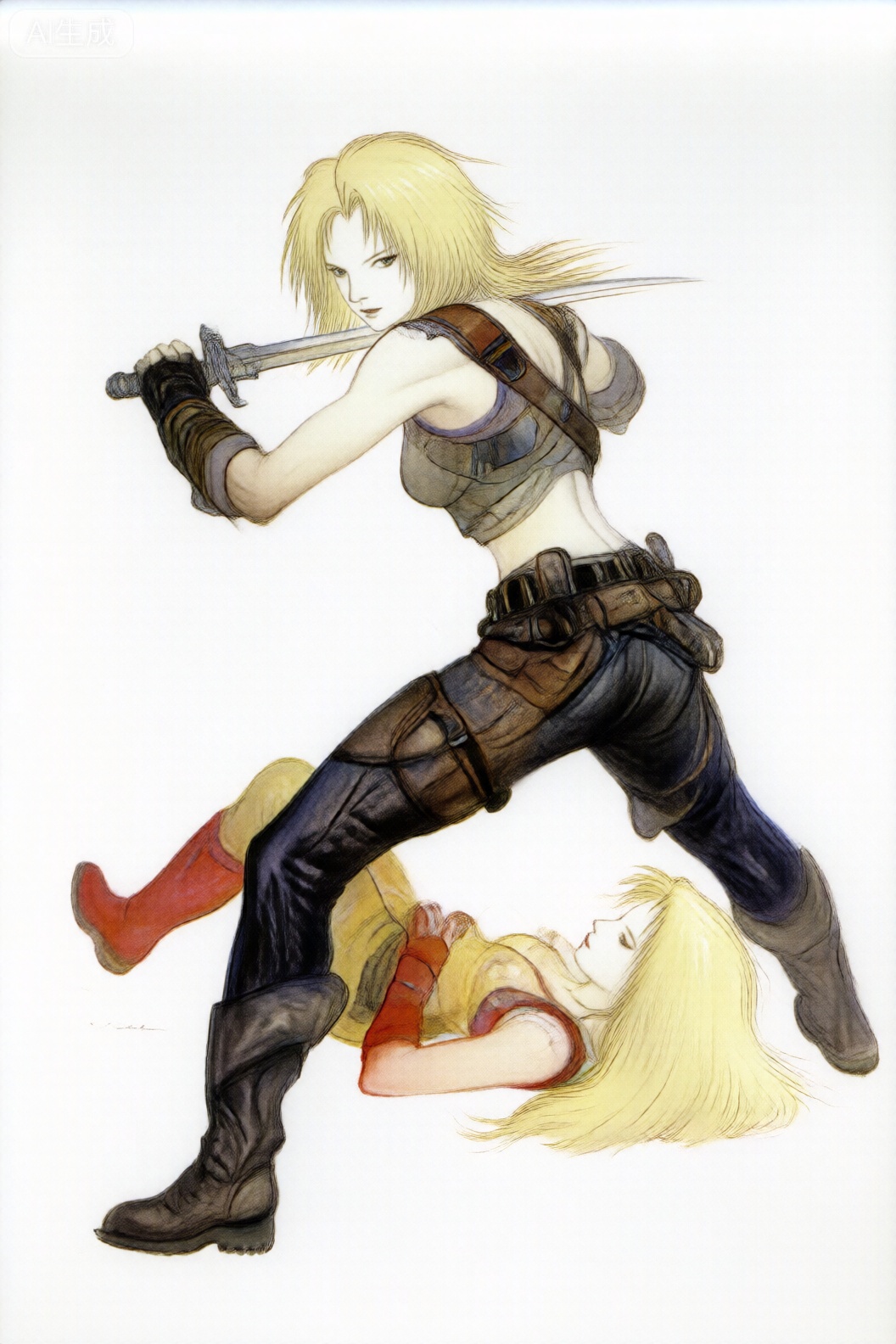 The image depicts a dynamic and action-packed scene featuring a character in a combat stance. The character has long blonde hair and is wearing a sleeveless top with straps and a utility belt, along with dark pants and boots. They are holding a sword, ready for battle. Behind the character, there is a second figure with long blonde hair, dressed in a yellow outfit with red boots, appearing to be in a relaxed or submissive position. The background is plain white, emphasizing the characters and their actions. The overall style is reminiscent of fantasy or adventure themes, with a focus on movement and action.
