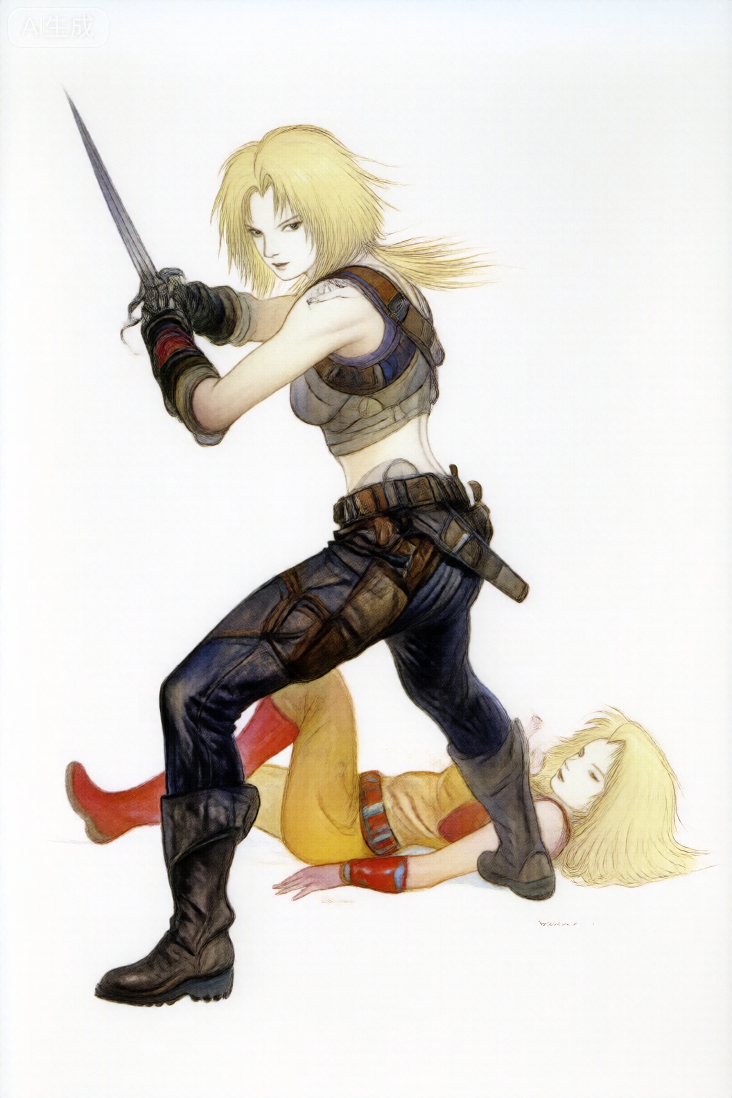 The image depicts a dynamic and action-packed scene featuring a character in a combat stance. The character has long blonde hair and is wearing a sleeveless top with straps and a utility belt, along with dark pants and boots. They are holding a sword, ready for battle. Behind the character, there is a second figure with long blonde hair, dressed in a yellow outfit with red boots, appearing to be in a relaxed or submissive position. The background is plain white, emphasizing the characters and their actions. The overall style is reminiscent of fantasy or adventure themes, with a focus on movement and action.