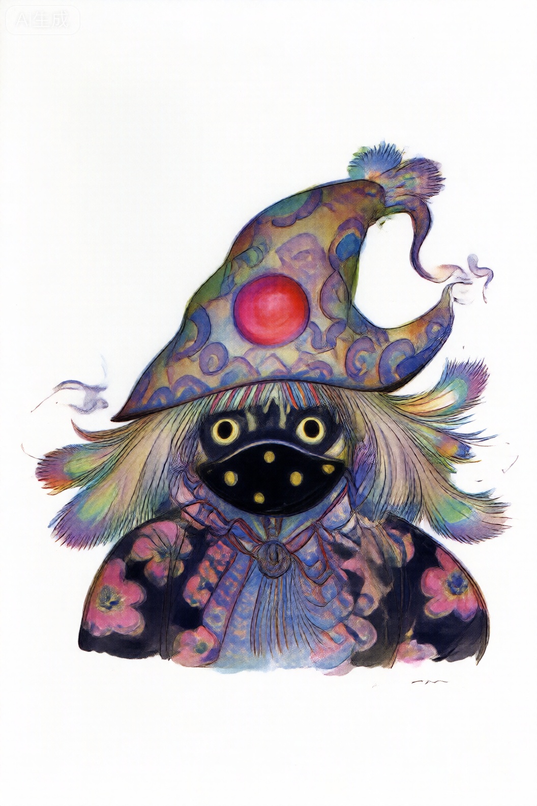 The image depicts a whimsical, fantastical character with a vibrant and intricate design. The character is adorned with a colorful, patterned hat that features a large red circular element, surrounded by swirling blue and purple designs. The character's face is partially obscured by a large, black, oval-shaped mask with yellow dots, giving it an enigmatic appearance. The character's clothing is equally elaborate, with a dark background and a floral pattern in shades of pink, yellow, and blue. The character's hair is long and flowing, with colorful, feather-like extensions that add to the fantastical nature of the character. The overall style is highly artistic and imaginative, blending elements of fantasy and surrealism.