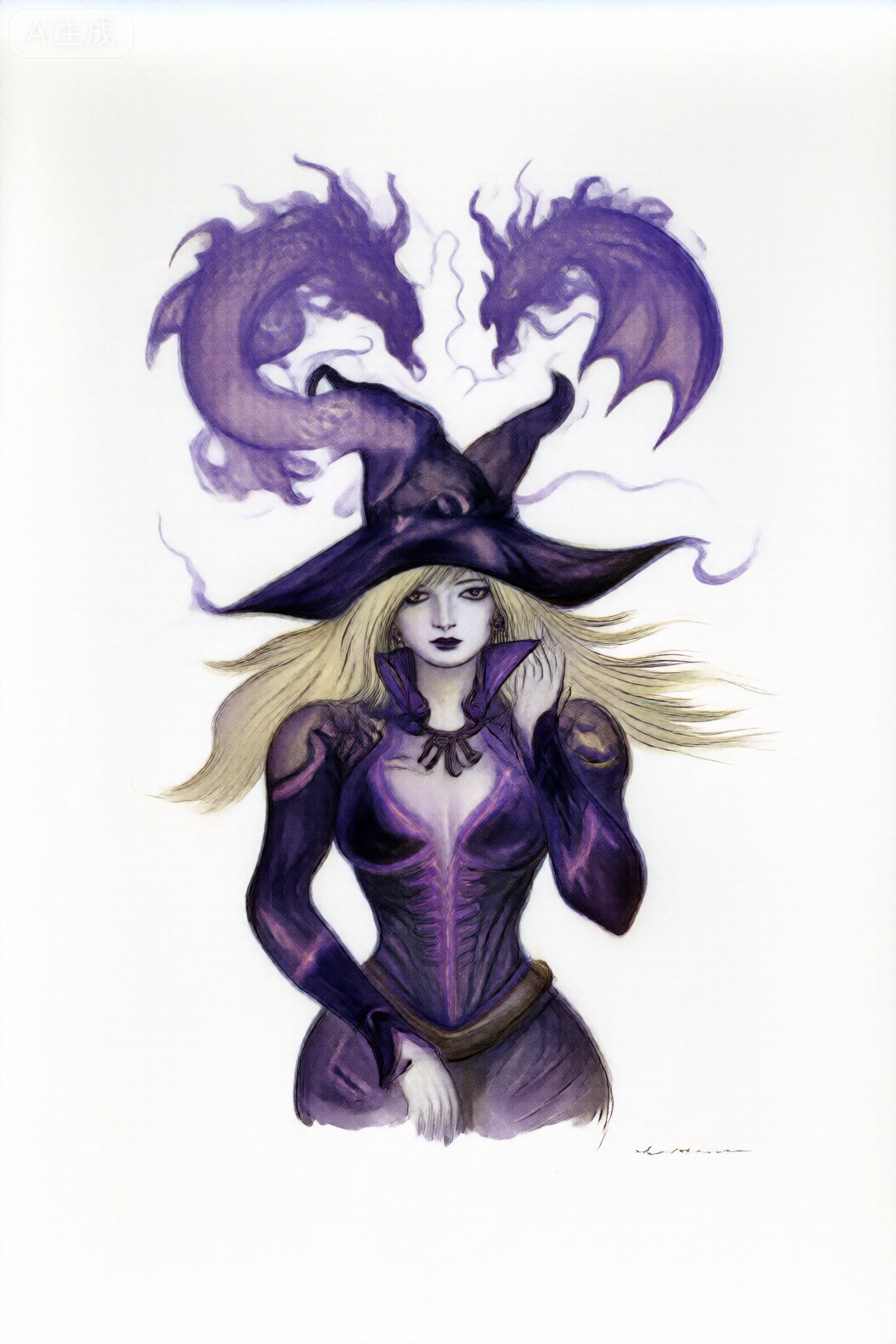 这幅画作展现了一位与龙缔结契约的神秘魔女。她身着的深色紧身衣上的紫色光纹,以及头顶盘旋的紫色龙形剪影,共同构成了强烈的视觉符号,暗示着二者之间深厚的魔法联结。画面虽以纯白背景极简处理,但通过角色忧郁的神情、飘逸的金发与龙影流动的线条,成功营造出充满故事感的奇幻氛围,仿佛定格了魔法仪式中的一个静谧瞬间。