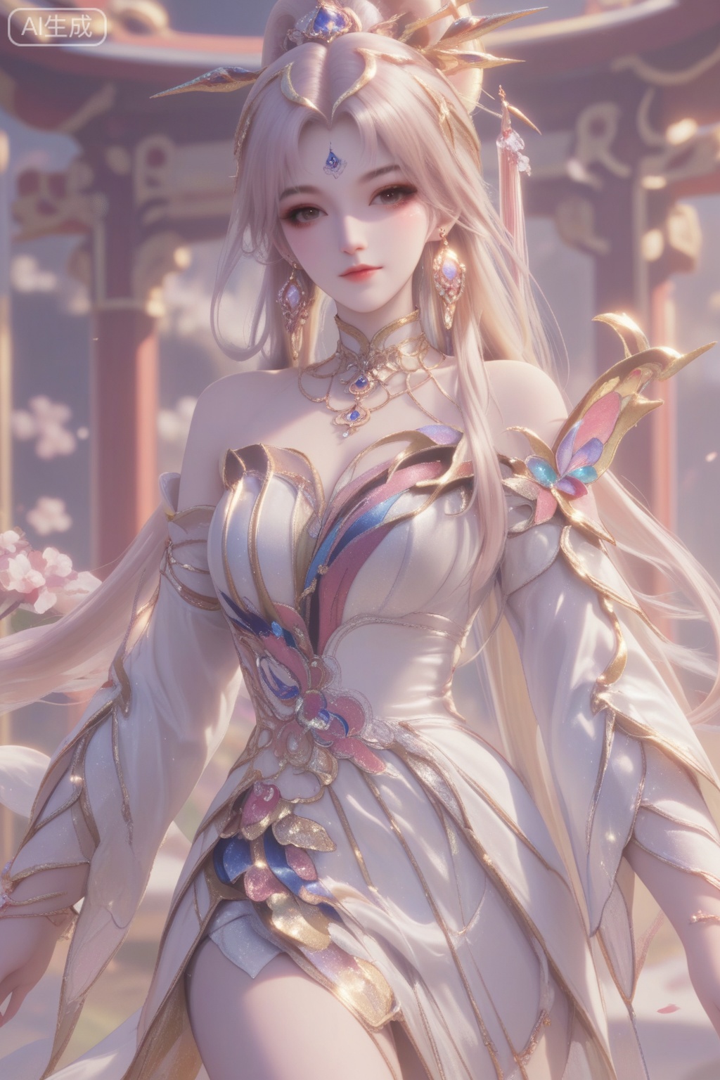 虞姬,score_9,score_8_up,score_7_up,1girl, solo, long hair, looking at viewer, blonde hair, hair ornament, dress, bare shoulders, jewelry,  earrings, detached sleeves, white dress,  facial mark,