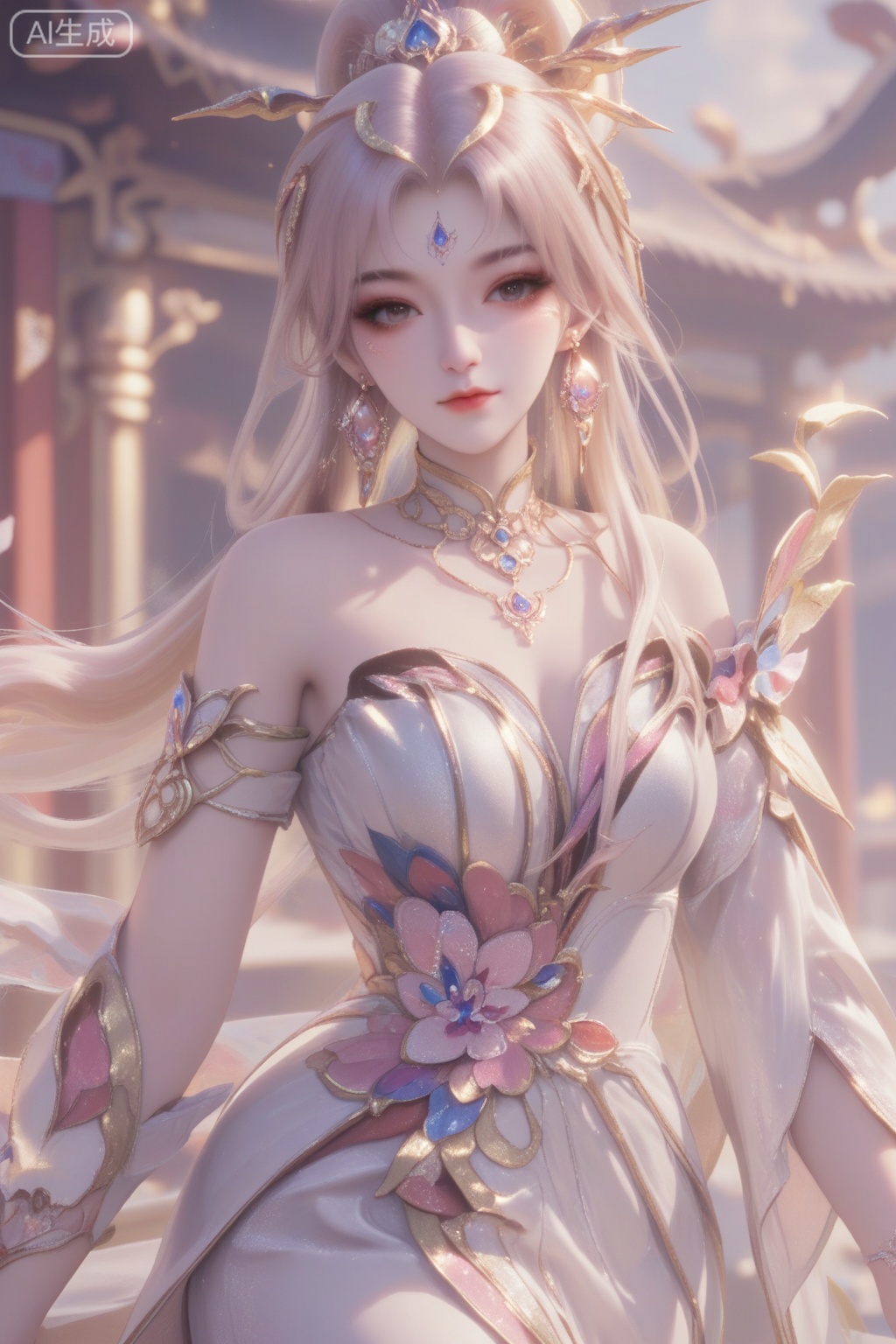 虞姬,score_9,score_8_up,score_7_up,1girl, solo, long hair, looking at viewer, blonde hair, hair ornament, dress, bare shoulders, jewelry,  earrings, detached sleeves, white dress,  facial mark,