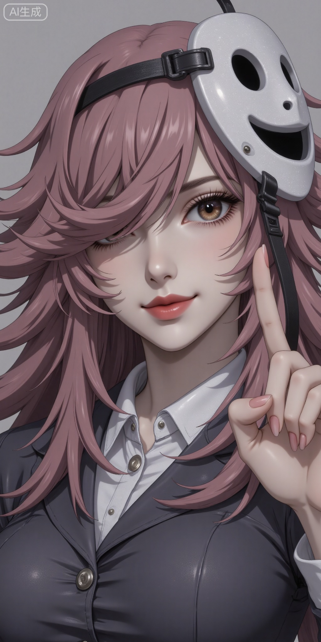 1girl, solo, long hair, looking at viewer, smile, open mouth, brown hair, brown eyes, pink hair, grey background, hair over one eye, mask, index finger raised, mask on head