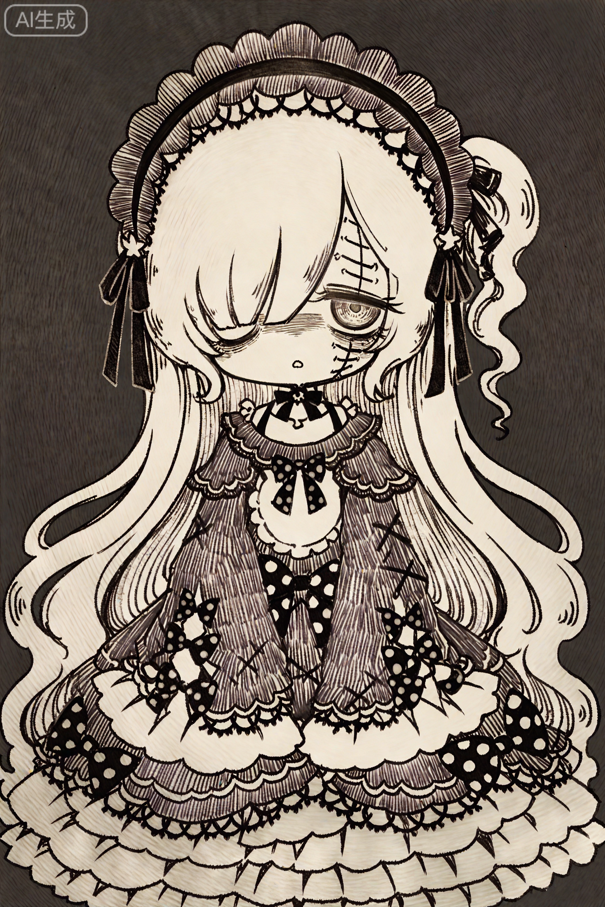 1girl

solo

long hair

looking at viewer

long sleeves

dress

bow

ribbon

very long hair

monochrome

greyscale

frills

hairband

parted lips

hair over one eye

chibi

two side up

sleeves past wrists

traditional media

frilled dress

sleeves past fingers

lolita fashion

gothic lolita

stitches


