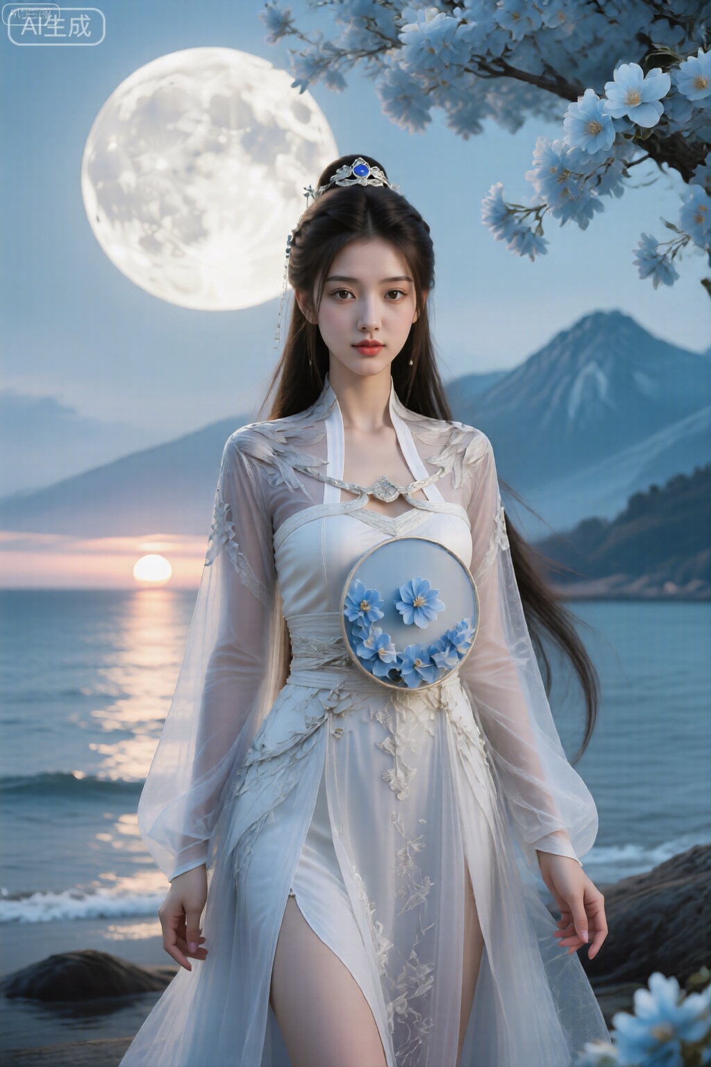 。少女细腻白皙的皮肤,看着镜头,海边,夕阳,从头到膝盖的照片,,,
该图像描绘了一个穿着精美的空灵服装的人。这款服装主要是白色的,具有复杂的花卉刺绣和半透明的织物,使其具有微妙而流动的外观。该人的头发漫长,装饰有装饰性头饰,其中包括银色和蓝色元素。在背景中,有一个大而明亮的满月,部分被浅蓝色花朵的树遮盖。该环境还包括风格化的冰冷的蓝色山脉,促成宁静和神秘的氛围。该人拥有一个装饰有类似蓝色花朵的圆形物体,从而增强了场景的凝聚力。,