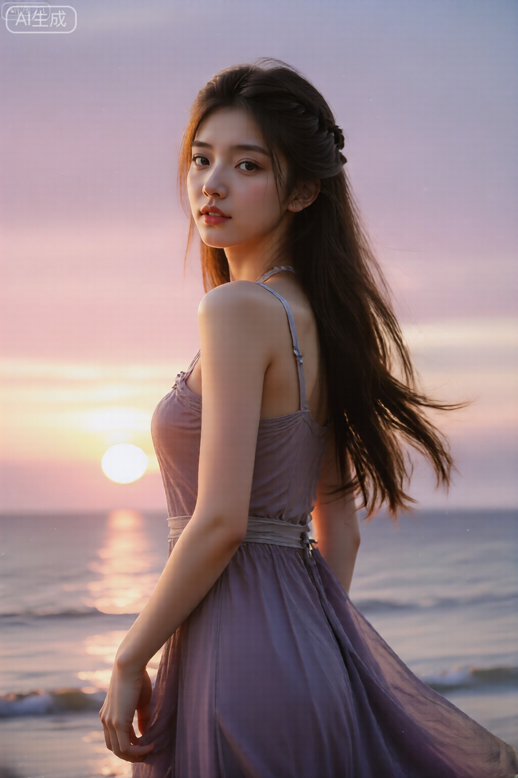 
一位长发飘飘的活力女孩,在日落时分的海边。她穿着飘逸的吊带长裙,。她回头望向镜头,夕阳的余晖为她勾勒出金色的轮廓,。背景是粉紫色渐变的天空,整个画面充满电影感和治愈感。
镜头参数：索尼A7R V, FE 135mm f/1.8 GM, f/2.8, 1/1000s, ISO 100,紫灵