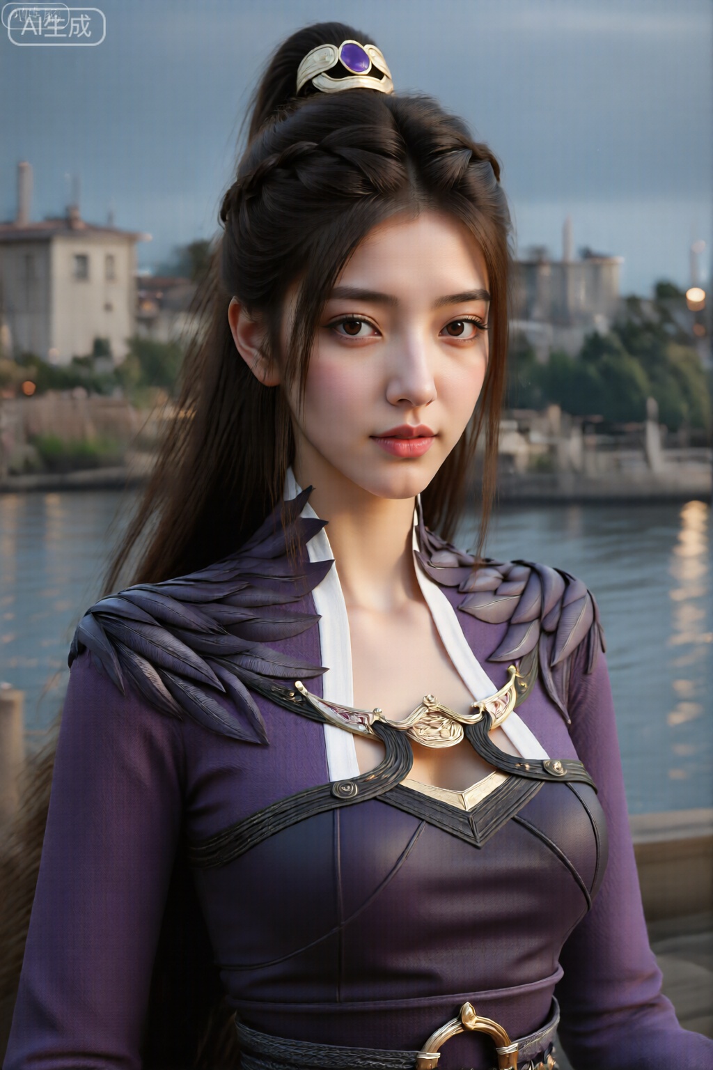 该图像描绘了一个年轻的女人,长长的黑发在高高的马尾辫上造型,并用装饰性的发型固定,上面有一个大紫色宝石,周围环绕着金色的细节。她的头发在马尾辫的底部整齐地编织。她的肤色合理,并且穿着化妆,突显了她的眼睛和嘴唇。 她穿着合身,紫色的衣服,带有复杂的设计元素。服装的顶部有一个高领带有白色饰边的高领,并具有从肩膀延伸的织物或材料制成的精美的翼状结构。服装的胸部区域装饰有金色和黑色装饰品,包括圆形的奖章和棱角分明的几何设计。这件衣服还在领口和腰围周围有黑色和金色的饰边,并带有带有金扣的皮带。 背景显示了黄昏或傍晚时期的海滨场景,远处可见建筑物和树木,天空部分多云,有柔软的自然光线。整体环境似乎在户外,可能在河流或运河附近。