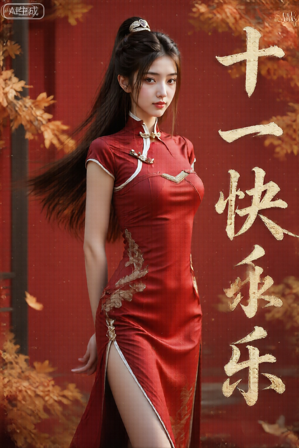 从头到膝盖照片,少女细腻皮肤,
在充满国风韵味的红色背景和秋天金色的,一位美女身穿红色旗袍,,,还有用富有国风特色的书法字体书写的“十一快乐”文字作为装饰,整体营造出国风主题风格。,,紫灵,高马尾