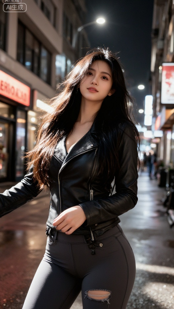 (masterpiece...realistic:1.4), 1 beautiful young woman..., long flowing hair, wearing black leather jacket, ripped jeans, standing on a rainy neon-lit city street, looking at viewer, low angle, cinematic lighting, neon reflections on wet pavement, skin texture, sharp focus.