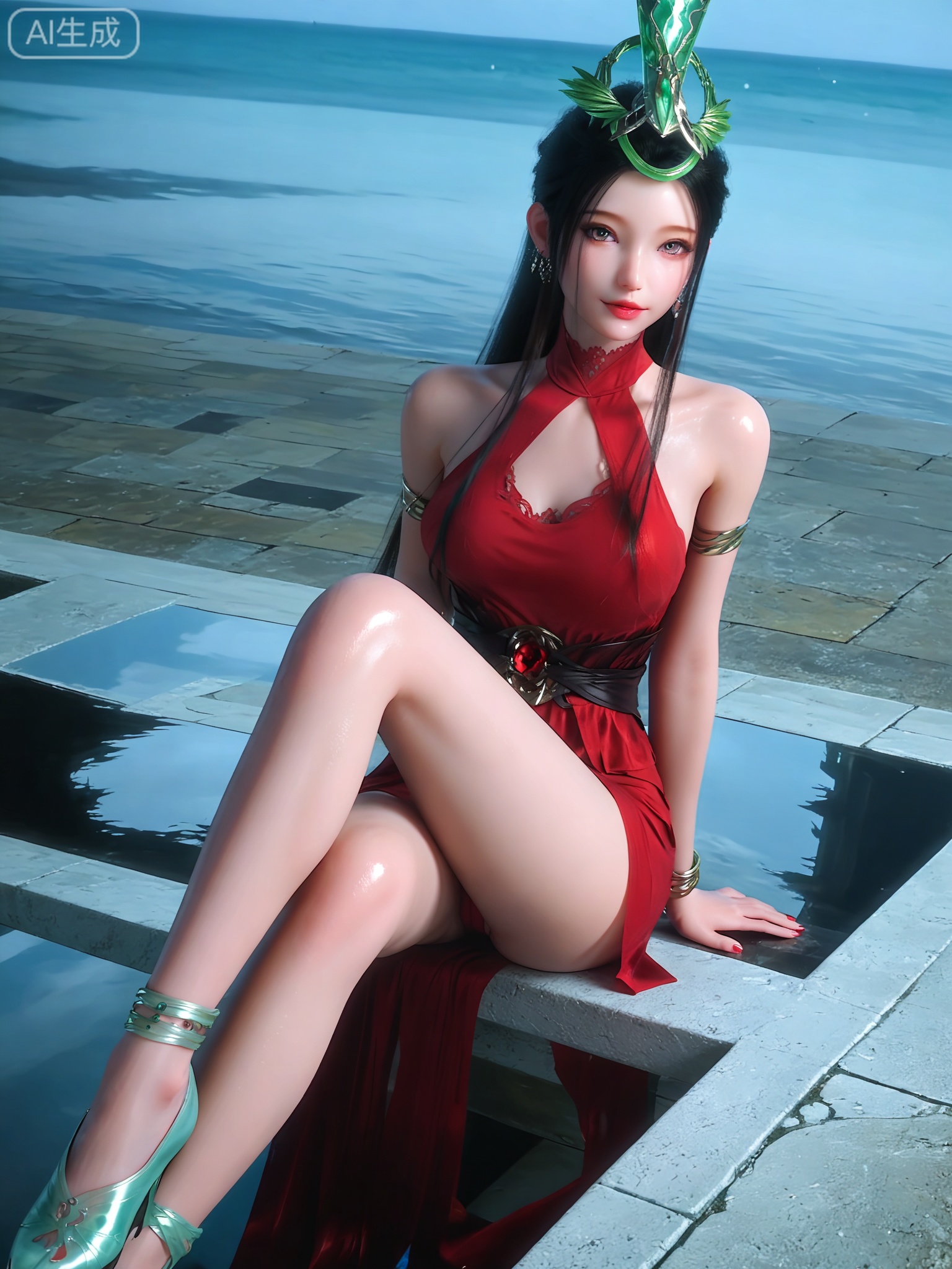 score_9,score_8_up,score_7_up,1girl,solo,looking_at_viewer,realistic,photorealistic,1girl,Vivid Colors,bright environment,shiny skin,detail eyes,Eyes highlights,extreme detail description,(full body:0.8),light,sunshine,bright,reflection,bright,sunshine on face,shiny,shinny,petite,thin,leg slimming,lose weight,slim hips,lakeside,delicate water,reflection,specular reflection,sitting_down,bracelet,black-hair,red dress