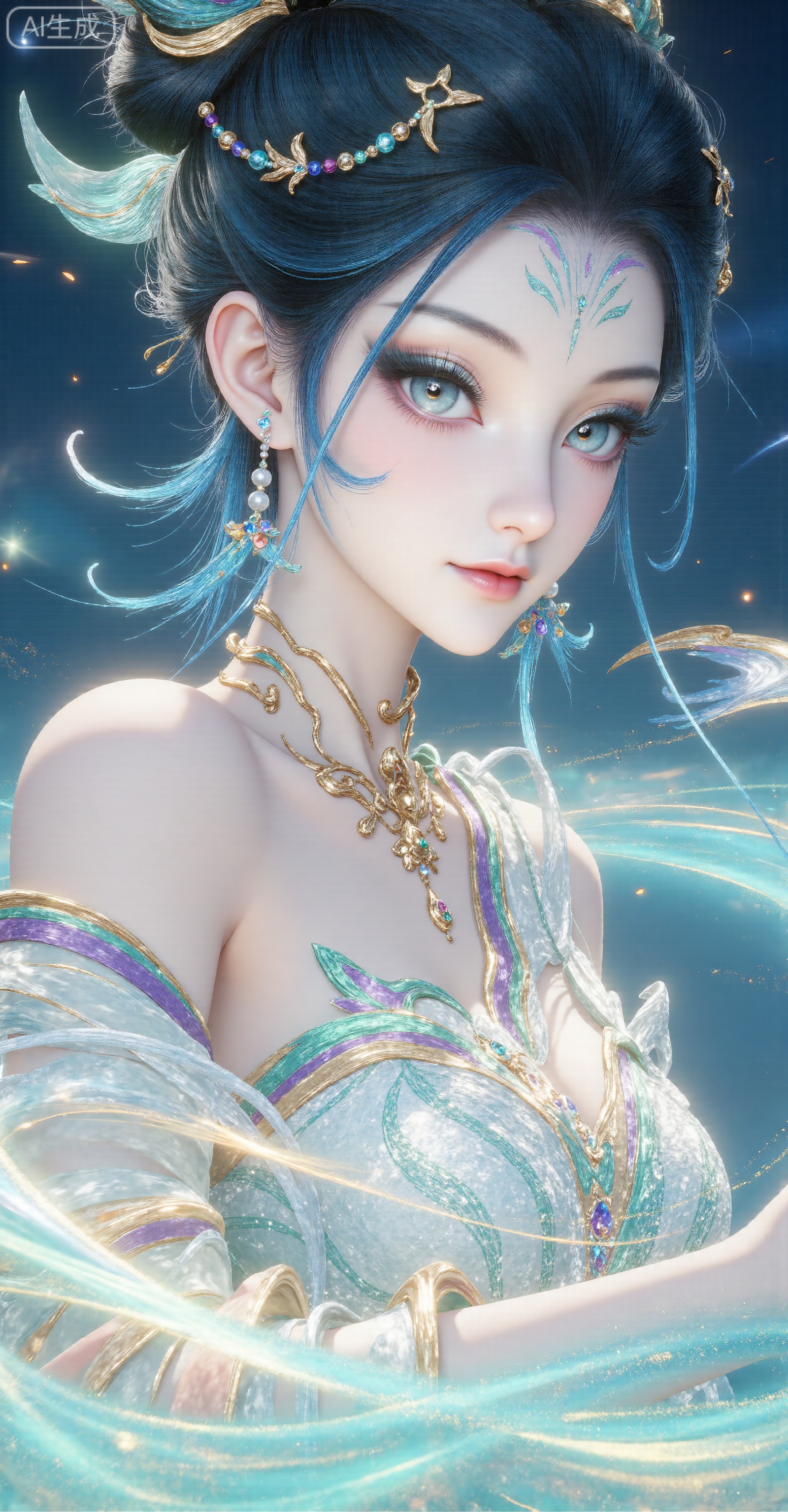 - Subject: A female fairy with an oriental mythology, with delicate face, gorgeous eye makeup, colorful totem patterns on her forehead, and blue-green hair accessories with golden patterns and beads
​
- Props: Holding a feather-like object with exquisite patterns, surrounded by a blue-green fantasy energy special effect, and the special effect also contains the same fairy image as a mini
​
- Background: Dream scene in dark blue tones with flowing light bands and abstract water/cloud pattern elements
 
2. Position
 
- The body is in an elegant half-sided posture, with a slightly sideways head, a lively eyes and a direct look outside the picture
​
- Lift your right hand and hold the feather object lightly with your slender fingers. The posture is soft and narrative
 
3. Clothing details
 
- Clothing style: Clothing that combines ancient style and fantasy style, adopts an asymmetric design
​
- Material and Color: The main clothing is mainly light blue and white, with embroidery with golden patterns, the material presents the smooth texture of silk; decorated with colorful (purple, green, and yellow) streamers to add agility; wear a complex pattern necklace with gold on the neck, with pearls and diamonds
​
- Pattern details: There are flowing patterns similar to water patterns on the clothing, which echoes the background elements
 
4. Style
 
- Art style: digital art illustration, with the style characteristics of a Chinese style fairy tale and a second-dimensional beauty
​
- Color style: blue and green as the main colors, paired with gold embellishments, the overall color is fresh and dreamy, the light and shadow effect is delicate, and the material expression with a strong luster
​
- Detail style: Hair, clothing patterns, and special effects all have extremely high precision, and are illustrations of "refined style"
 
5. Composition
 
- Use close-up composition to focus on the upper body of the character to highlight the face, clothing and special effects details
​
- The center of the picture is the main body of the character, and the background elements surround the surroundings to form a visual focus. At the same time, the depth of the picture is enhanced through the extension of special effects. Daji