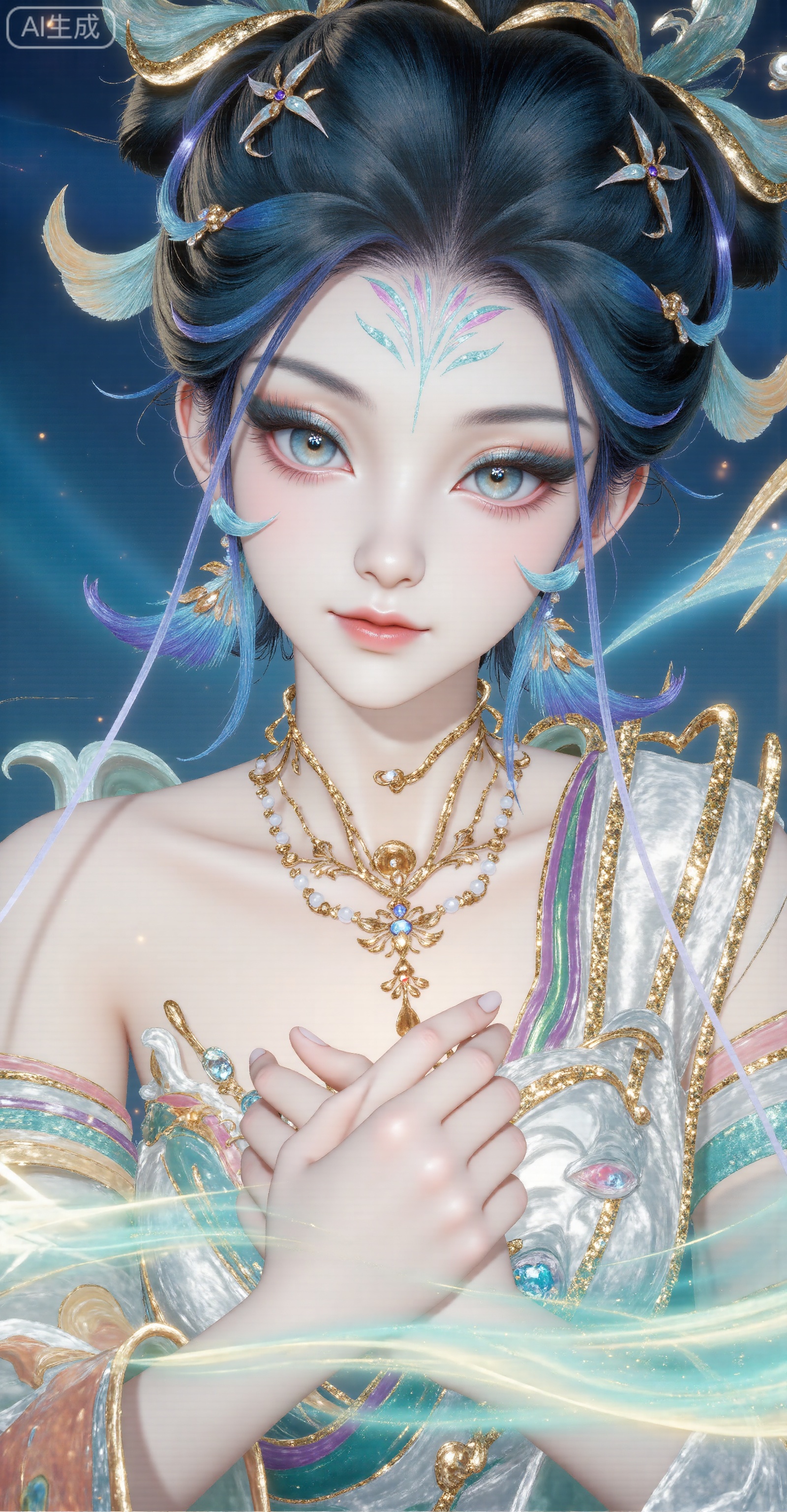 - Subject: A female fairy with an oriental mythology, with delicate face, gorgeous eye makeup, colorful totem patterns on her forehead, and blue-green hair accessories with golden patterns and beads
​
- Props: Holding a feather-like object with exquisite patterns, surrounded by a blue-green fantasy energy special effect, and the special effect also contains the same fairy image as a mini
​
- Background: Dream scene in dark blue tones with flowing light bands and abstract water/cloud pattern elements
 
2. Position
 
- The body is in an elegant half-sided posture, with a slightly sideways head, a lively eyes and a direct look outside the picture
​
- Lift your right hand and hold the feather object lightly with your slender fingers. The posture is soft and narrative
 
3. Clothing details
 
- Clothing style: Clothing that combines ancient style and fantasy style, adopts an asymmetric design
​
- Material and Color: The main clothing is mainly light blue and white, with embroidery with golden patterns, the material presents the smooth texture of silk; decorated with colorful (purple, green, and yellow) streamers to add agility; wear a complex pattern necklace with gold on the neck, with pearls and diamonds
​
- Pattern details: There are flowing patterns similar to water patterns on the clothing, which echoes the background elements
 
4. Style
 
- Art style: digital art illustration, with the style characteristics of a Chinese style fairy tale and a second-dimensional beauty
​
- Color style: blue and green as the main colors, paired with gold embellishments, the overall color is fresh and dreamy, the light and shadow effect is delicate, and the material expression with a strong luster
​
- Detail style: Hair, clothing patterns, and special effects all have extremely high precision, and are illustrations of "refined style"
 
5. Composition
 
- Use close-up composition to focus on the upper body of the character to highlight the face, clothing and special effects details
​
- The center of the picture is the main body of the character, and the background elements surround the surroundings to form a visual focus. At the same time, the depth of the picture is enhanced through the extension of special effects. Daji