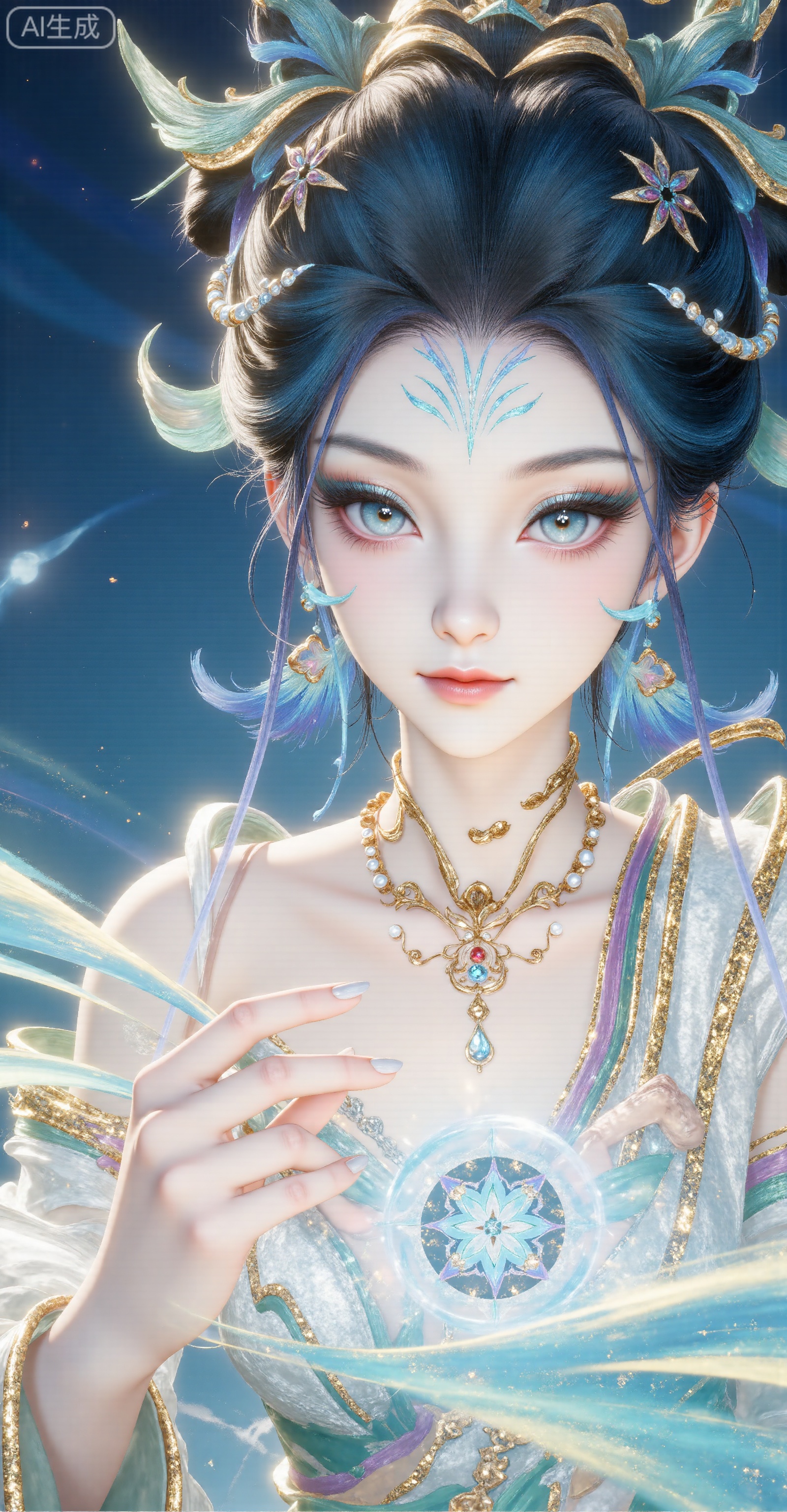 - Subject: A female fairy with an oriental mythology, with delicate face, gorgeous eye makeup, colorful totem patterns on her forehead, and blue-green hair accessories with golden patterns and beads
​
- Props: Holding a feather-like object with exquisite patterns, surrounded by a blue-green fantasy energy special effect, and the special effect also contains the same fairy image as a mini
​
- Background: Dream scene in dark blue tones with flowing light bands and abstract water/cloud pattern elements
 
2. Position
 
- The body is in an elegant half-sided posture, with a slightly sideways head, a lively eyes and a direct look outside the picture
​
- Lift your right hand and hold the feather object lightly with your slender fingers. The posture is soft and narrative
 
3. Clothing details
 
- Clothing style: Clothing that combines ancient style and fantasy style, adopts an asymmetric design
​
- Material and Color: The main clothing is mainly light blue and white, with embroidery with golden patterns, the material presents the smooth texture of silk; decorated with colorful (purple, green, and yellow) streamers to add agility; wear a complex pattern necklace with gold on the neck, with pearls and diamonds
​
- Pattern details: There are flowing patterns similar to water patterns on the clothing, which echoes the background elements
 
4. Style
 
- Art style: digital art illustration, with the style characteristics of a Chinese style fairy tale and a second-dimensional beauty
​
- Color style: blue and green as the main colors, paired with gold embellishments, the overall color is fresh and dreamy, the light and shadow effect is delicate, and the material expression with a strong luster
​
- Detail style: Hair, clothing patterns, and special effects all have extremely high precision, and are illustrations of "refined style"
 
5. Composition
 
- Use close-up composition to focus on the upper body of the character to highlight the face, clothing and special effects details
​
- The center of the picture is the main body of the character, and the background elements surround the surroundings to form a visual focus. At the same time, the depth of the picture is enhanced through the extension of special effects. Daji