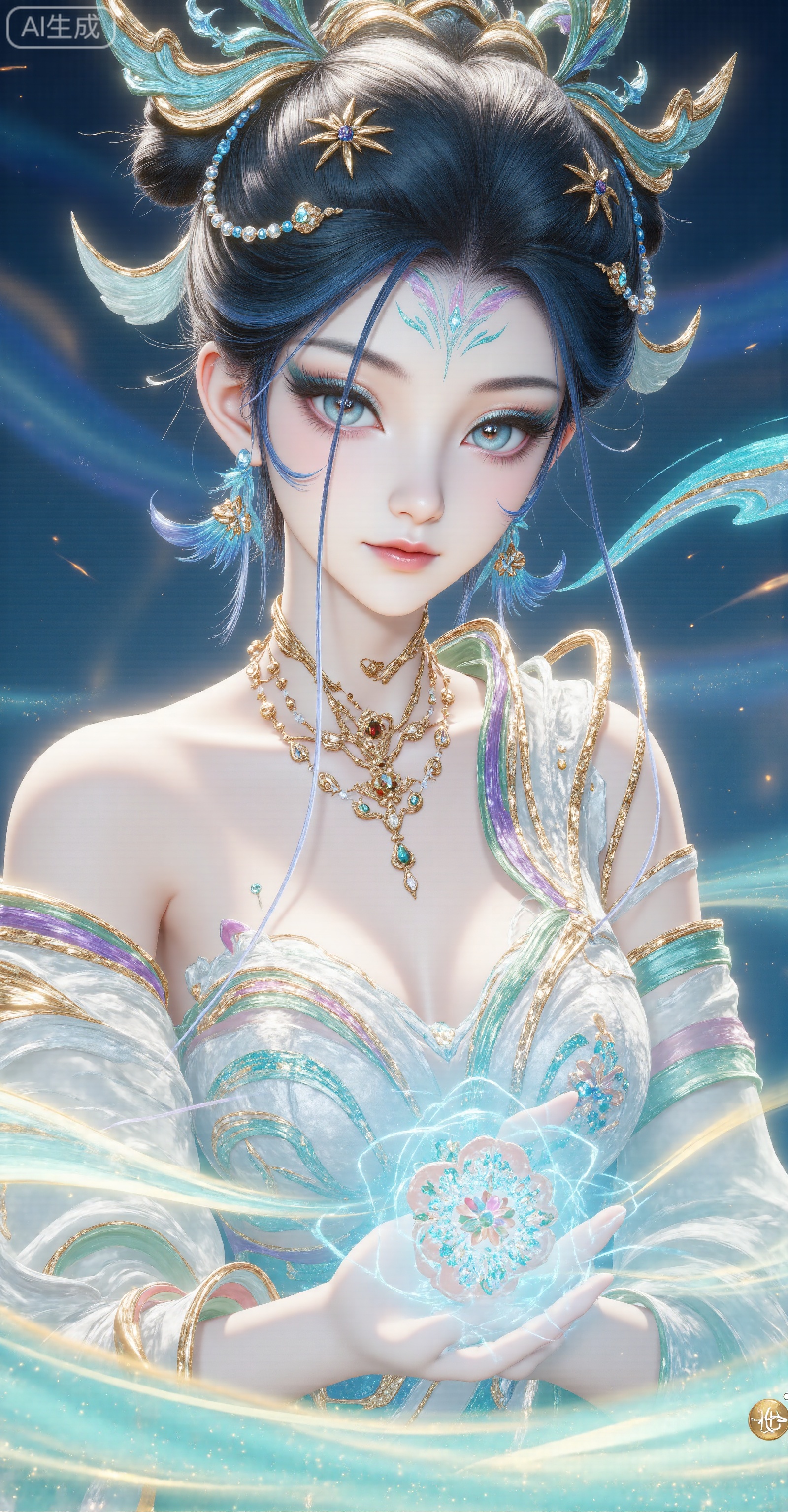 - Subject: A female fairy with an oriental mythology, with delicate face, gorgeous eye makeup, colorful totem patterns on her forehead, and blue-green hair accessories with golden patterns and beads
​
- Props: Holding a feather-like object with exquisite patterns, surrounded by a blue-green fantasy energy special effect, and the special effect also contains the same fairy image as a mini
​
- Background: Dream scene in dark blue tones with flowing light bands and abstract water/cloud pattern elements
 
2. Position
 
- The body is in an elegant half-sided posture, with a slightly sideways head, a lively eyes and a direct look outside the picture
​
- Lift your right hand and hold the feather object lightly with your slender fingers. The posture is soft and narrative
 
3. Clothing details
 
- Clothing style: Clothing that combines ancient style and fantasy style, adopts an asymmetric design
​
- Material and Color: The main clothing is mainly light blue and white, with embroidery with golden patterns, the material presents the smooth texture of silk; decorated with colorful (purple, green, and yellow) streamers to add agility; wear a complex pattern necklace with gold on the neck, with pearls and diamonds
​
- Pattern details: There are flowing patterns similar to water patterns on the clothing, which echoes the background elements
 
4. Style
 
- Art style: digital art illustration, with the style characteristics of a Chinese style fairy tale and a second-dimensional beauty
​
- Color style: blue and green as the main colors, paired with gold embellishments, the overall color is fresh and dreamy, the light and shadow effect is delicate, and the material expression with a strong luster
​
- Detail style: Hair, clothing patterns, and special effects all have extremely high precision, and are illustrations of "refined style"
 
5. Composition
 
- Use close-up composition to focus on the upper body of the character to highlight the face, clothing and special effects details
​
- The center of the picture is the main body of the character, and the background elements surround the surroundings to form a visual focus. At the same time, the depth of the picture is enhanced through the extension of special effects. Daji