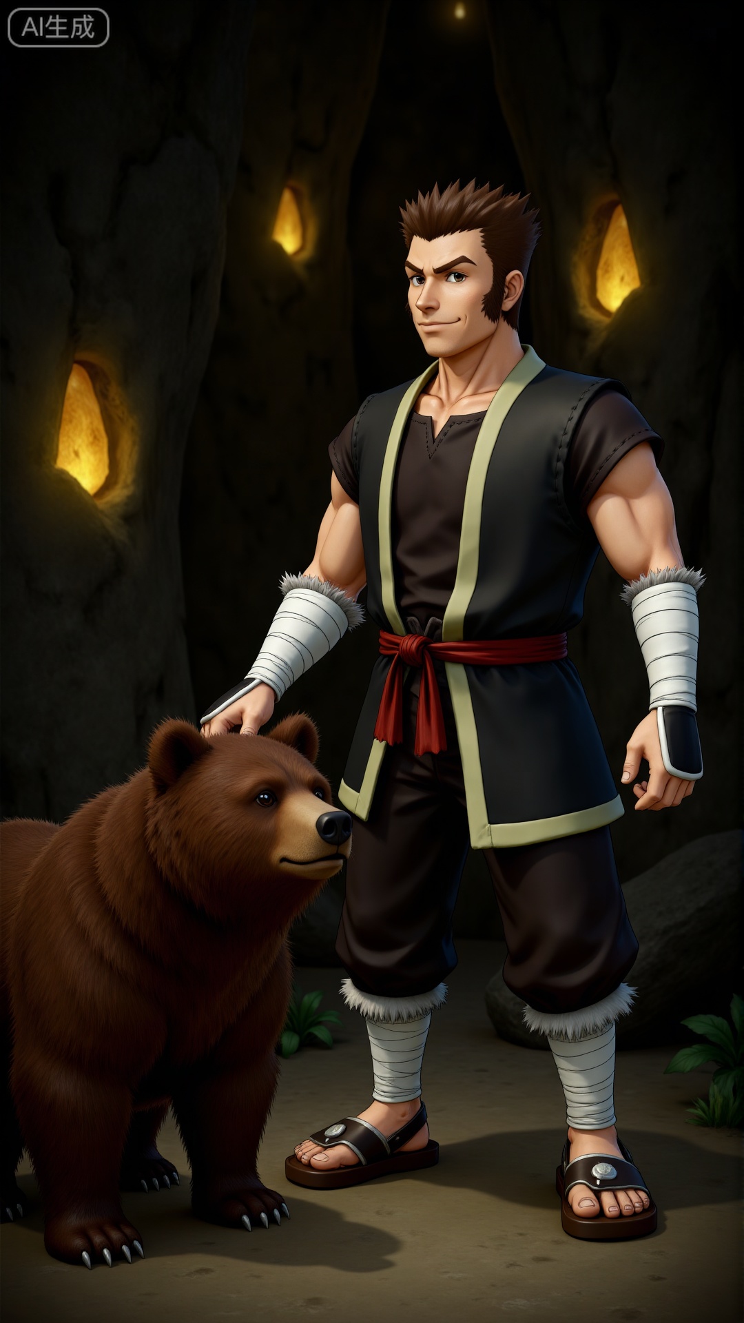 In a deep cave, sporadic glowing ores hang on the rock walls, illuminating the damp stone surfaces. Burke stands in the center of the cave, with a gentle smile, his brown eyes looking particularly soft in the dim light, full body. He wears a black sleeveless short shirt (with white trimming at cuffs and neckline), a black vest (edged with a narrow white border); white bandages wrapped around his arms, black leather handguards (with white stitching on the edges); black lantern pants (with white cuffs), a black belt (with a white pin buckle); black sandals (with white stripes on the edge of the straps), and white bandages around his ankles. A brown bear beside him gently rubs his arm with its nose, and he raises his hand to stroke the bear's neck. The crisp sound of water dripping echoes from the depths of the cave, creating a quiet and warm atmosphere.